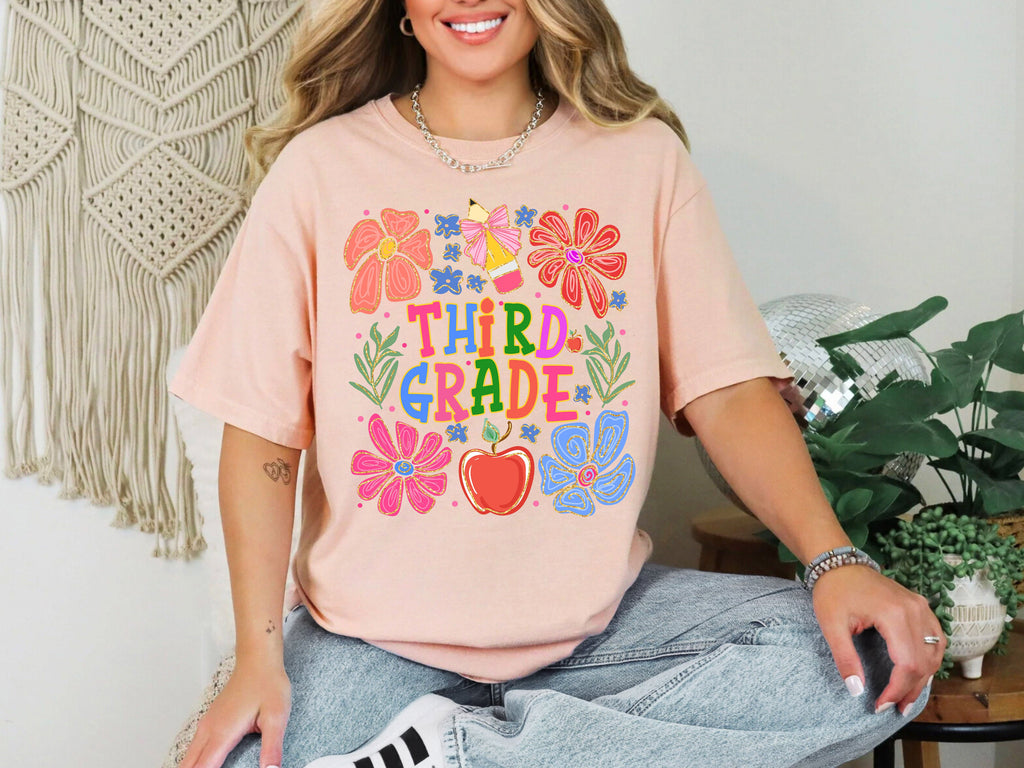 Third Grade Boho Floral Teacher First Day Back To School Edition Comfort Colors Tee