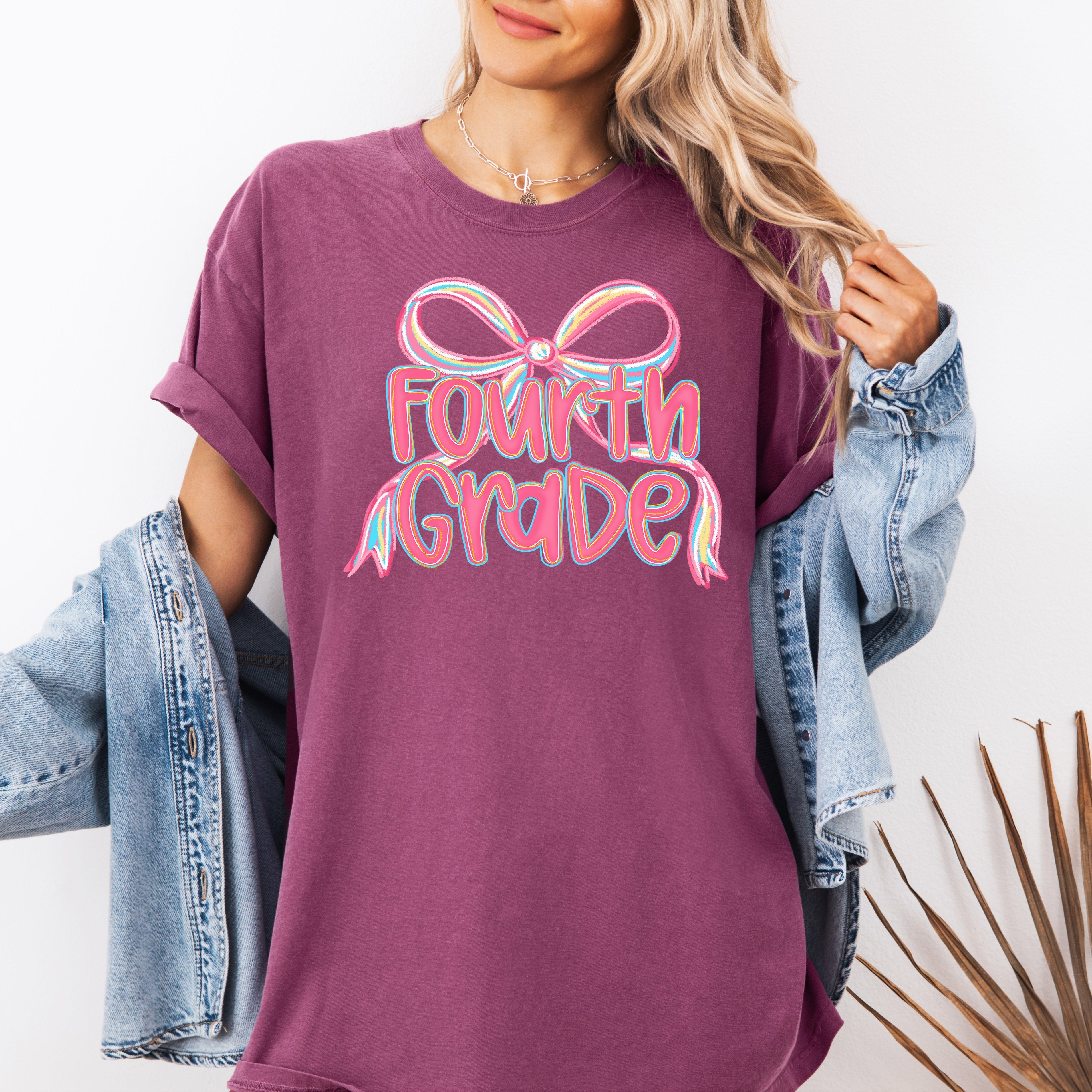 Fourth Grade Neon Pink Teacher Back To School First Day Bow Coquette Comfort Colors Tee