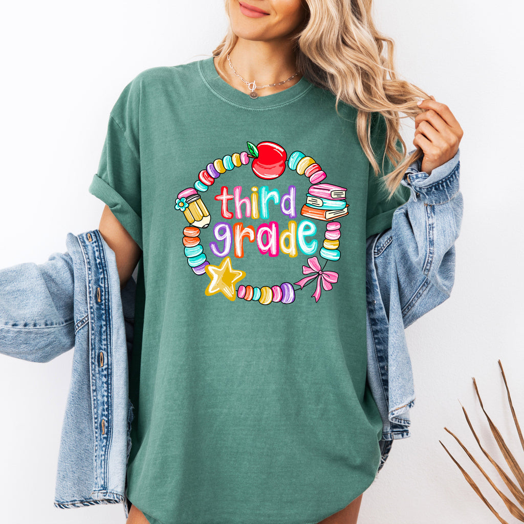 Third Grade Teacher Back to School First Day of School Cute Teacher Appreciation Bracelets Bow Comfort Colors Tee