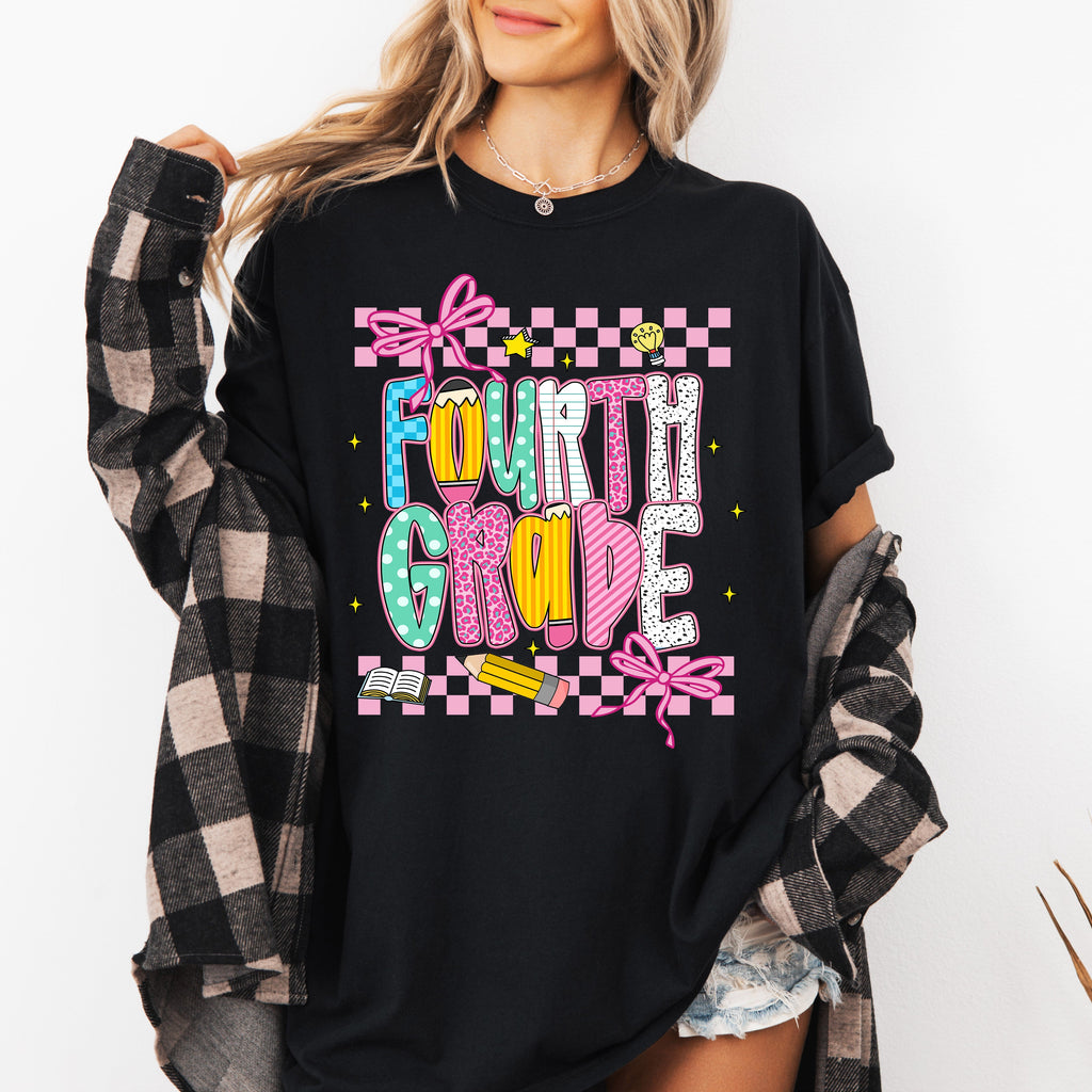 Fourth Grade Teacher First Day Back To School Checkered Bow Coquette Comfort Colors Tee