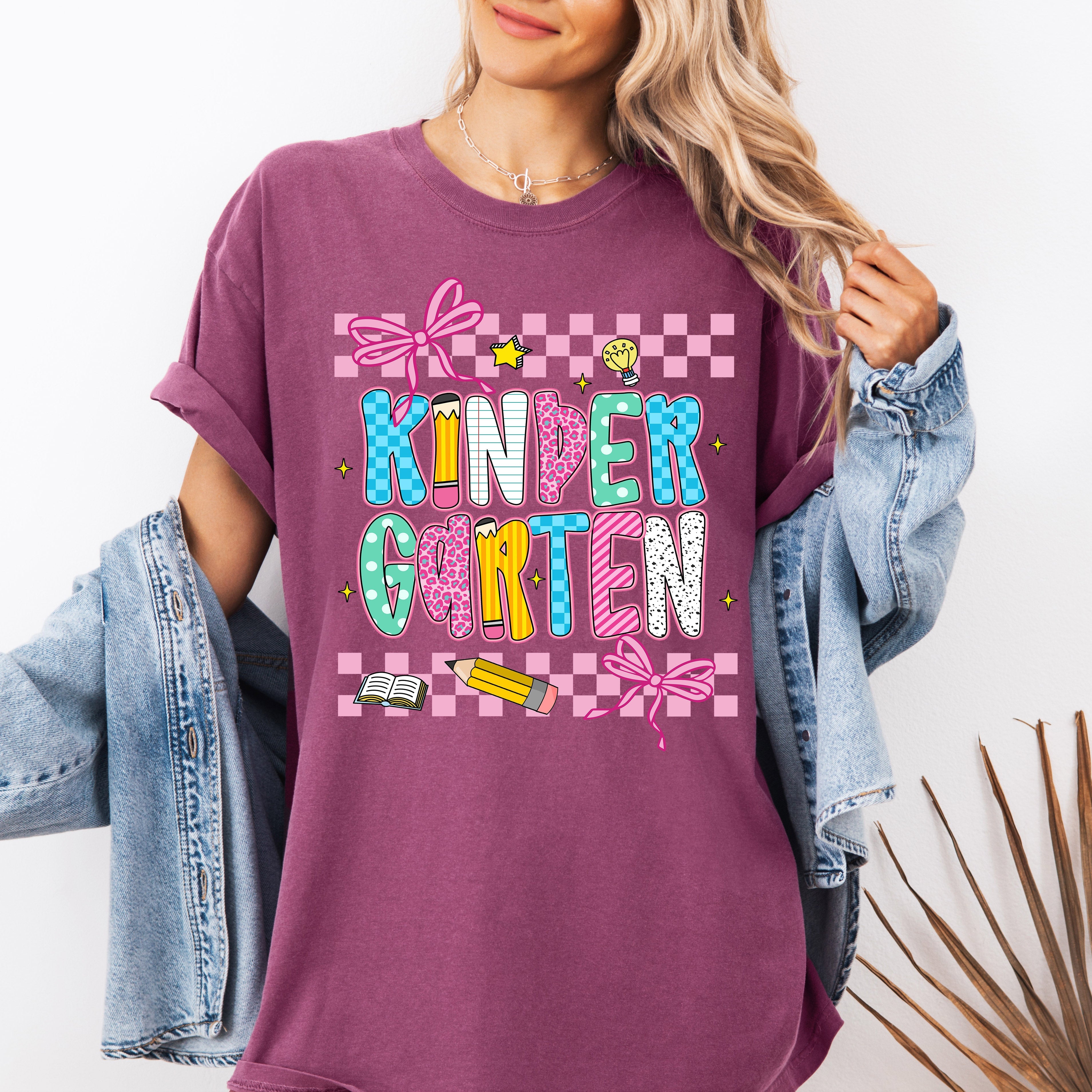 Kindergarten Teacher Checkered Bow First Day Back To School Coquette Comfort Colors Tee
