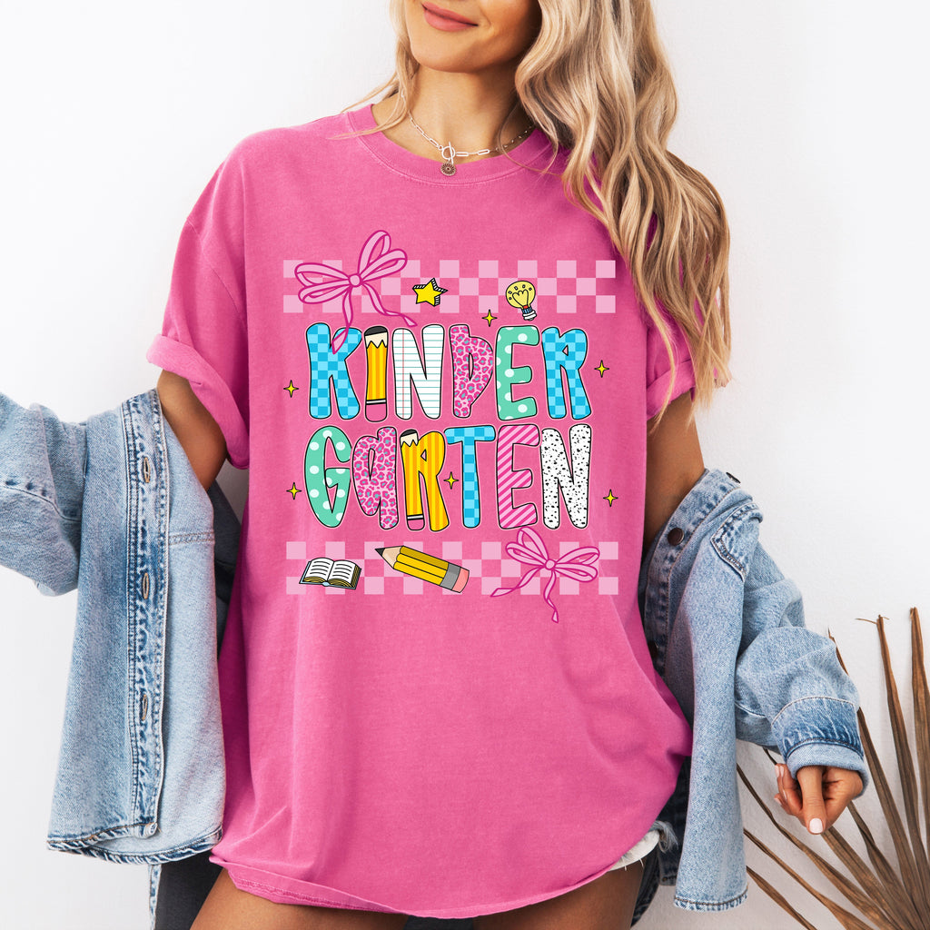 Kindergarten Teacher Checkered Bow First Day Back To School Coquette Comfort Colors Tee