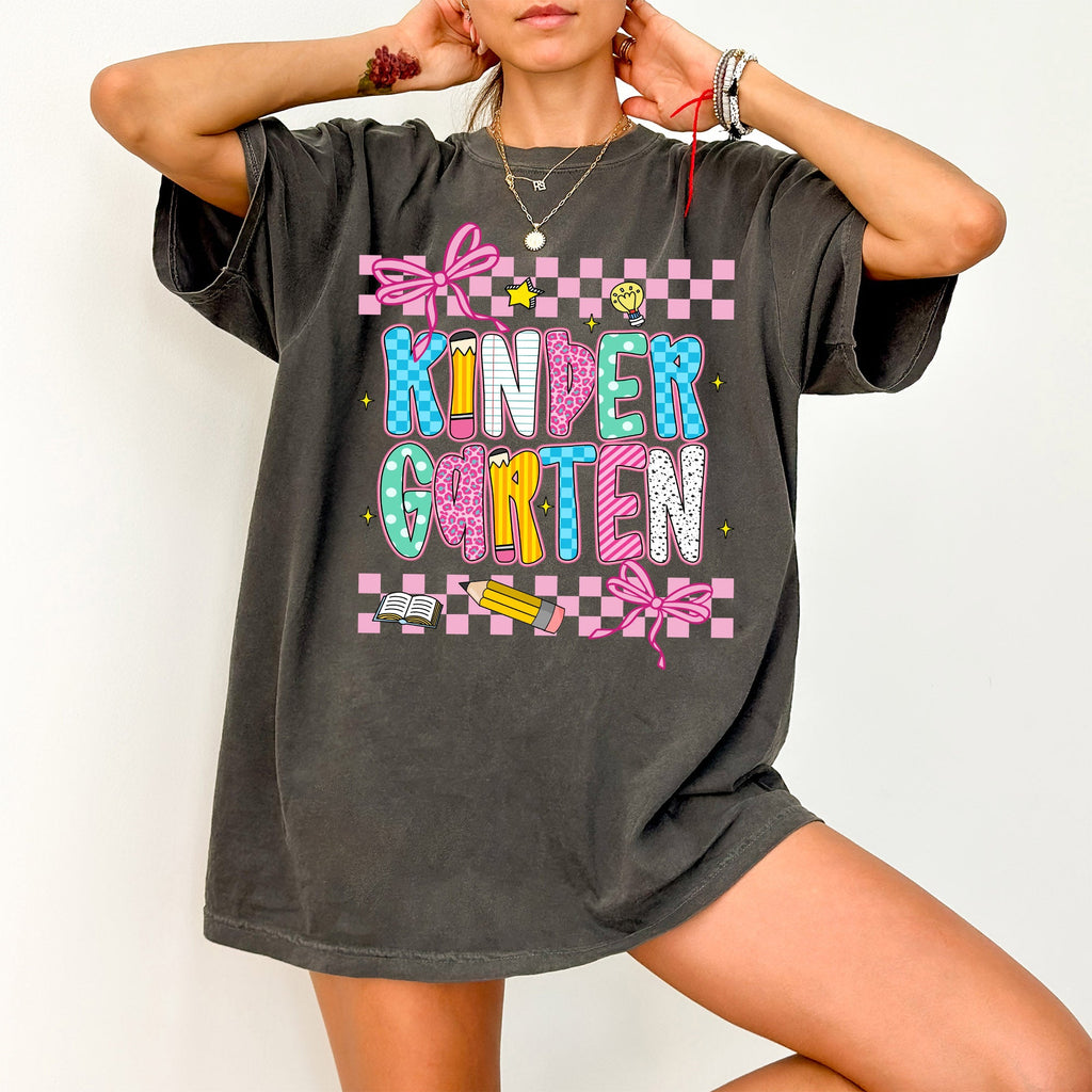 Kindergarten Teacher Checkered Bow First Day Back To School Coquette Comfort Colors Tee