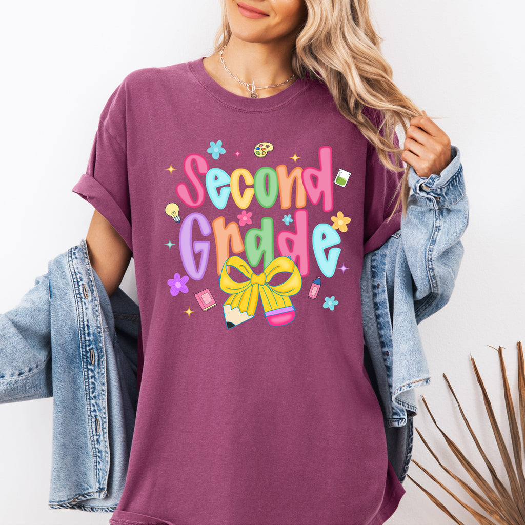 Second Grade Teacher Neon Bow First Day Of School Coquette Teacher Appreciation Comfort Colors Tee