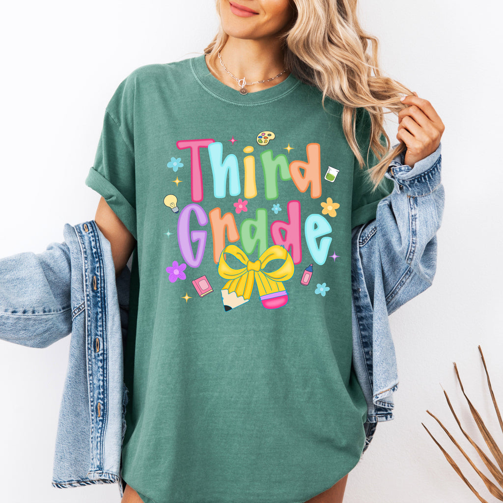 Third Grade Teacher First Day of School Neon Bow Back to School Celebration Graphic Comfort Colors Tee