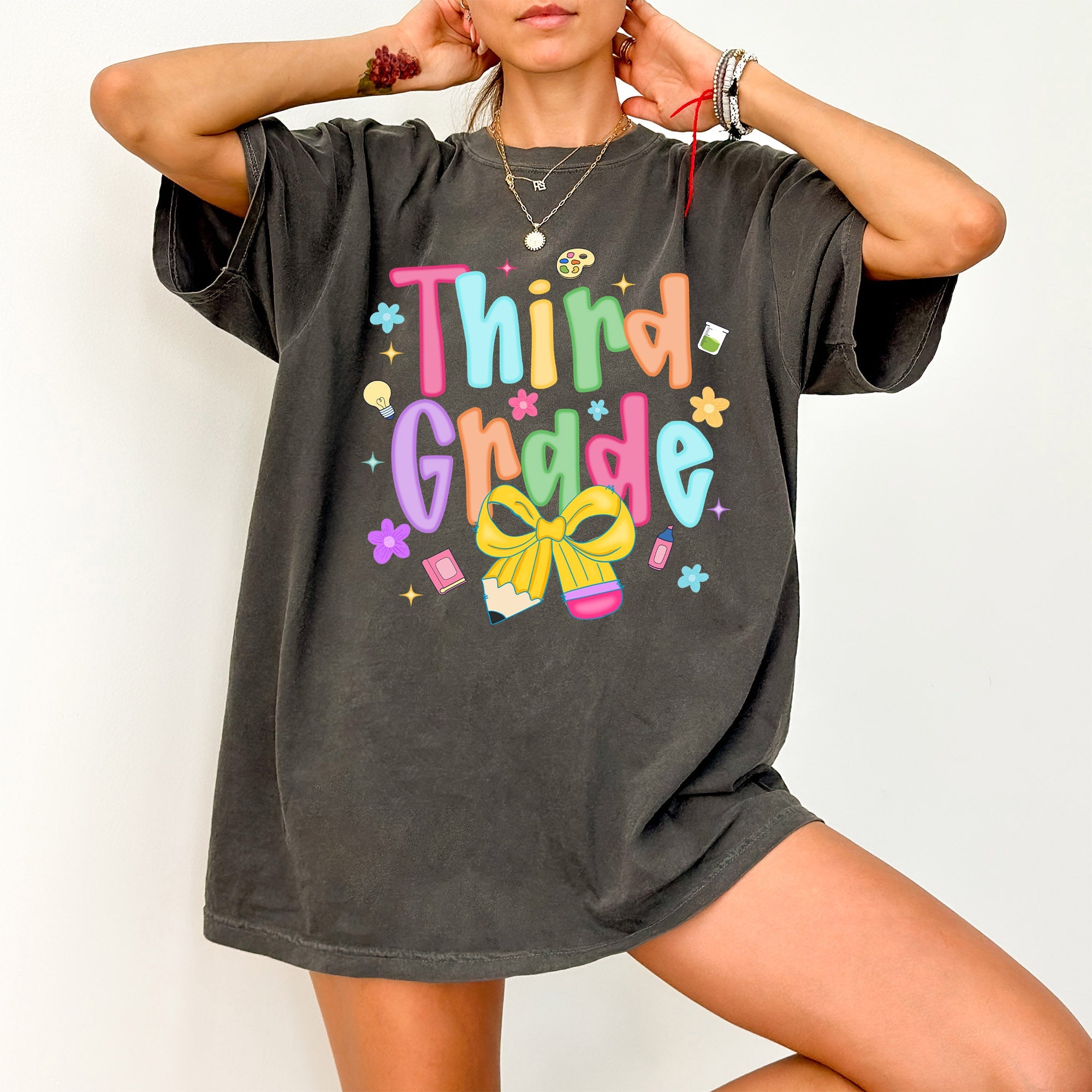 Third Grade Teacher First Day of School Neon Bow Back to School Celebration Graphic Comfort Colors Tee