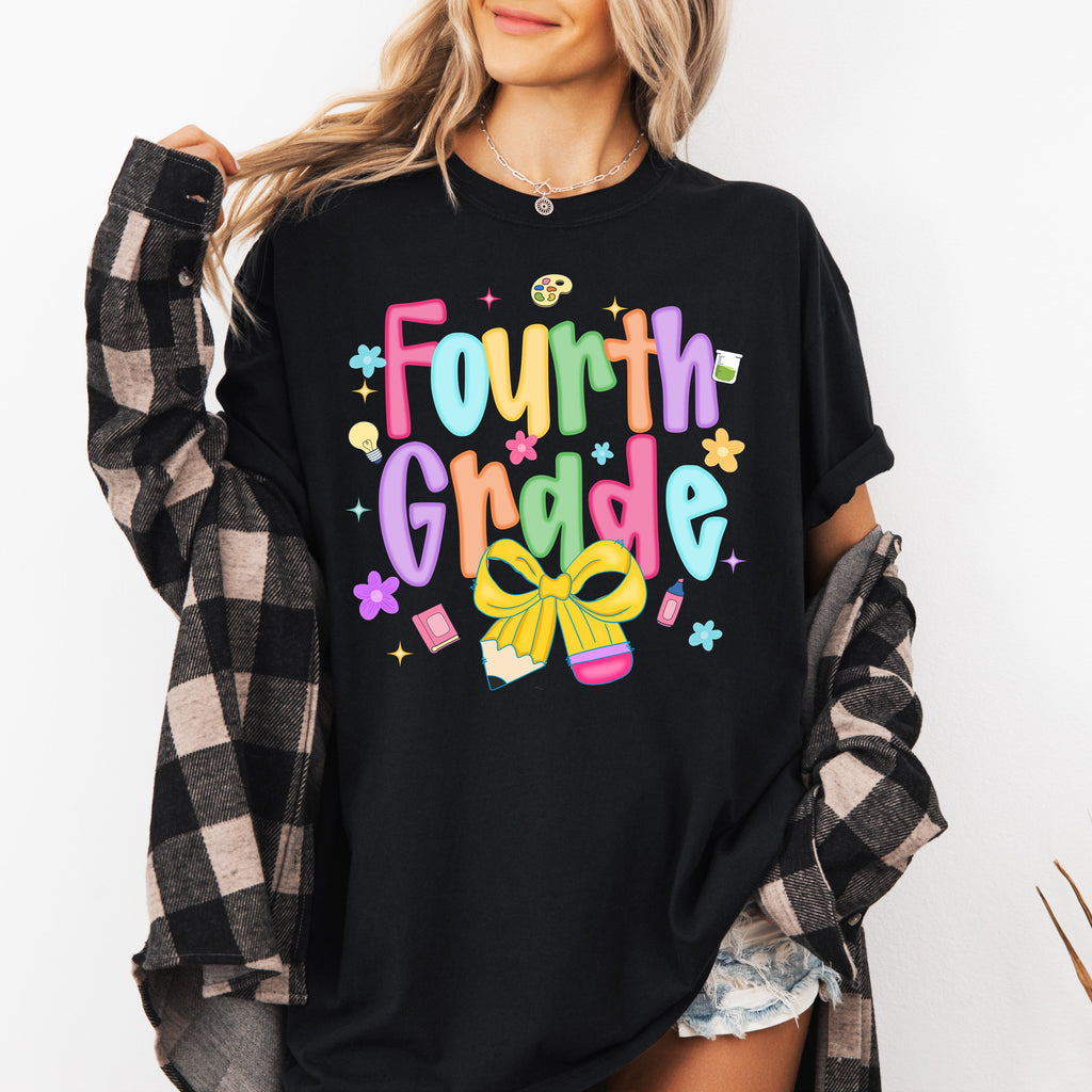 Fourth Grade Teacher Neon Bow First Day Of School Teacher Appreciation Comfort Colors Tee