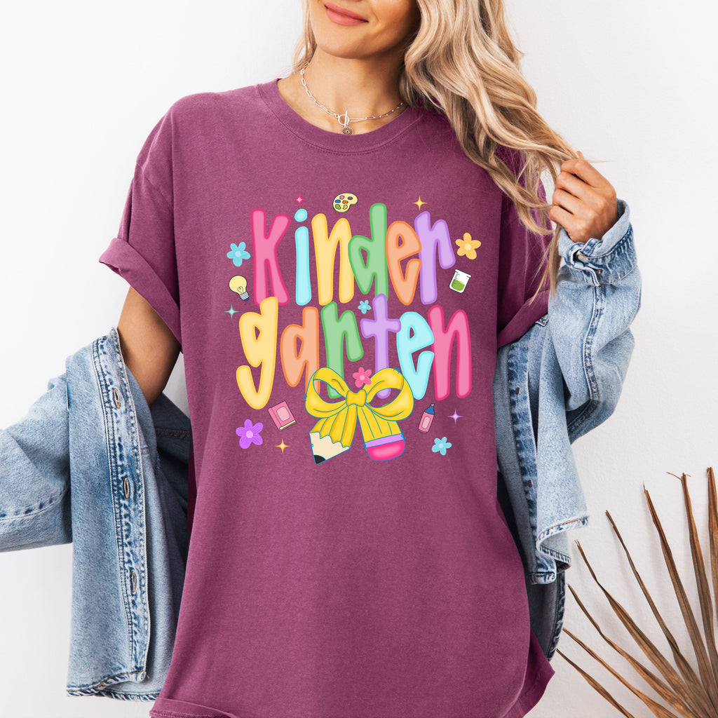 Kindergarten Teacher Back To School Neon Bow First Day Of School Teacher Appreciation Comfort Colors Tee