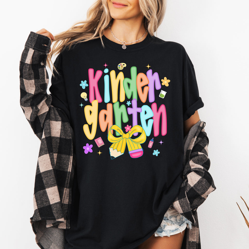 Kindergarten Teacher Back To School Neon Bow First Day Of School Teacher Appreciation Comfort Colors Tee