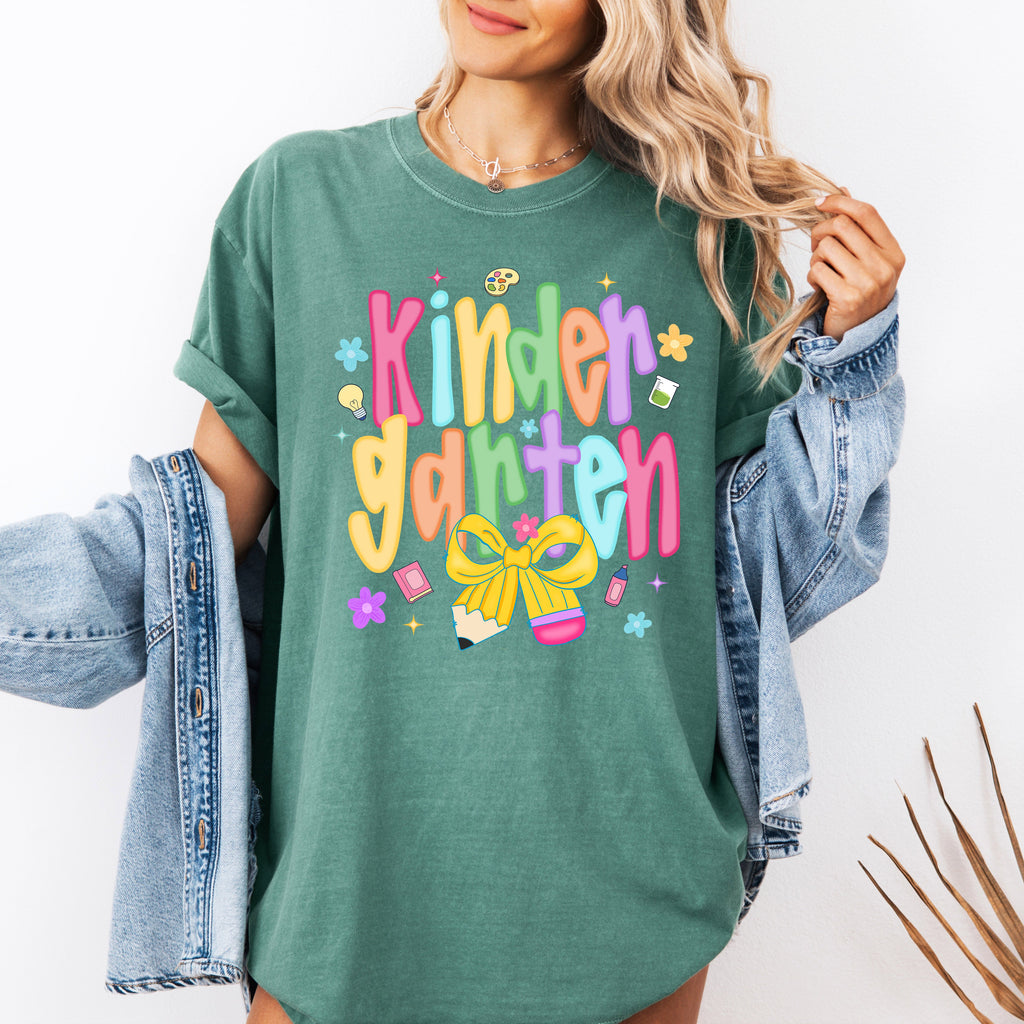 Kindergarten Teacher Back To School Neon Bow First Day Of School Teacher Appreciation Comfort Colors Tee