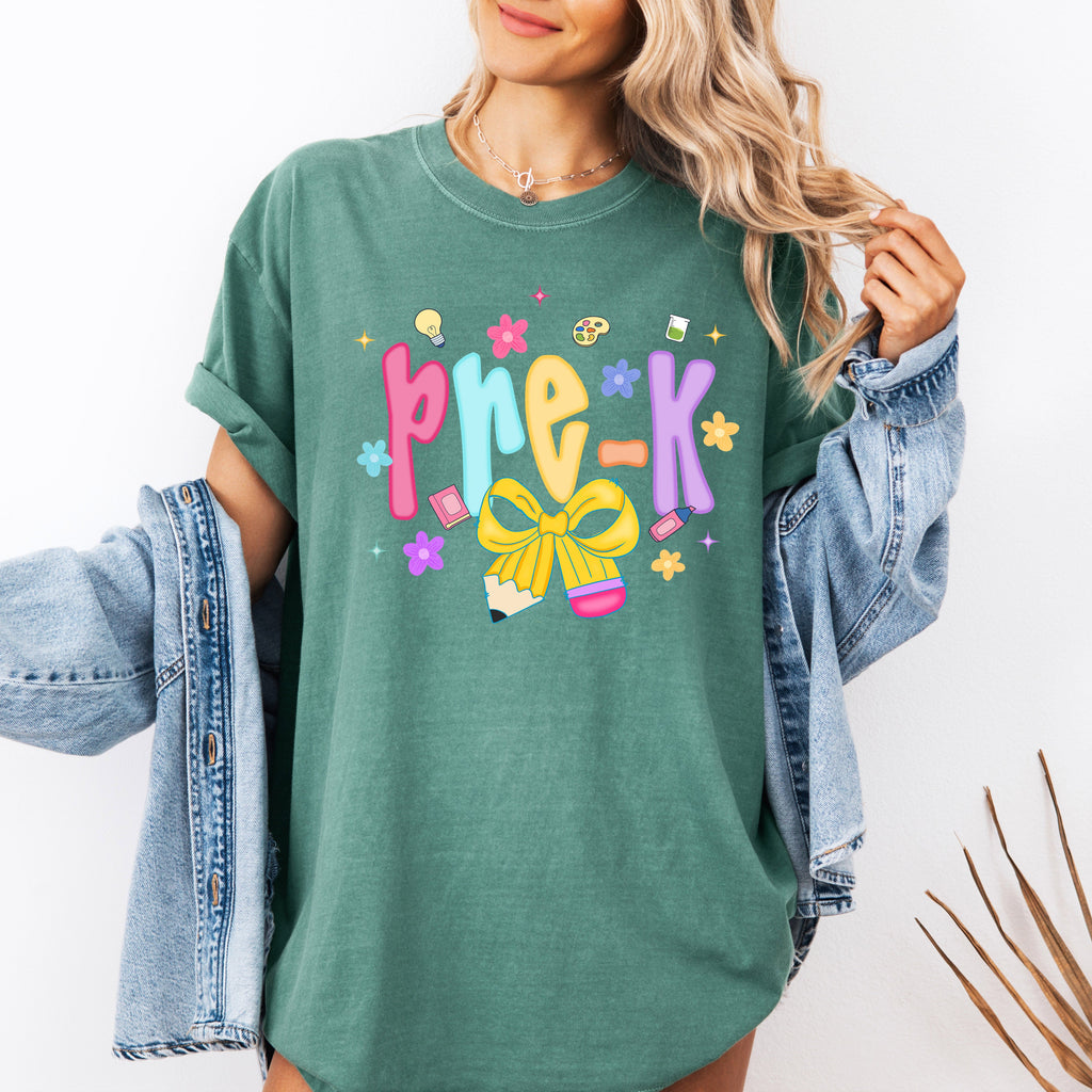 Back to School Neon Bow First Day of School Kindergarten Teacher Comfort Colors Tee