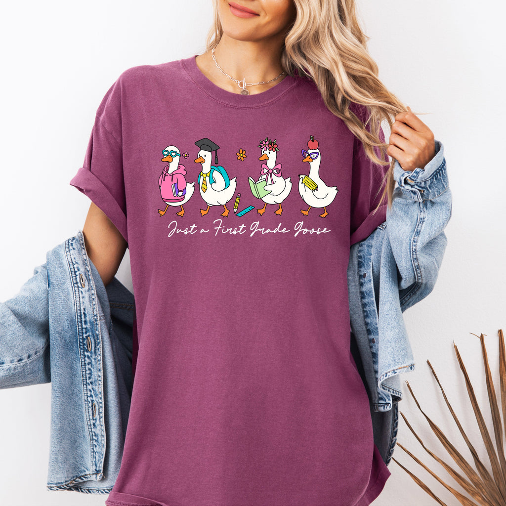 Just A First Grade Goose Teacher Back To School Bow First Day Teacher Appreciation Comfort Colors Tee