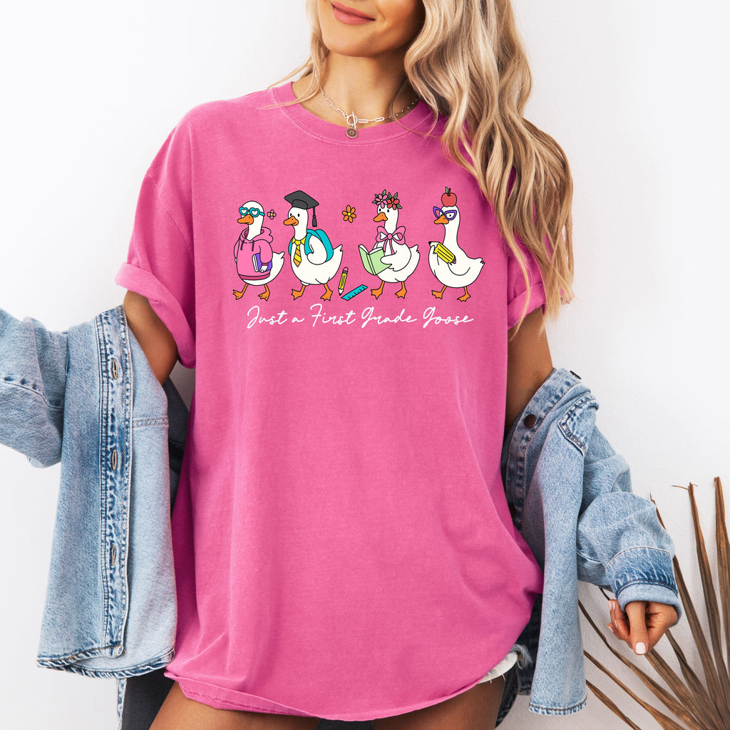Just A First Grade Goose Teacher Back To School Bow First Day Teacher Appreciation Comfort Colors Tee