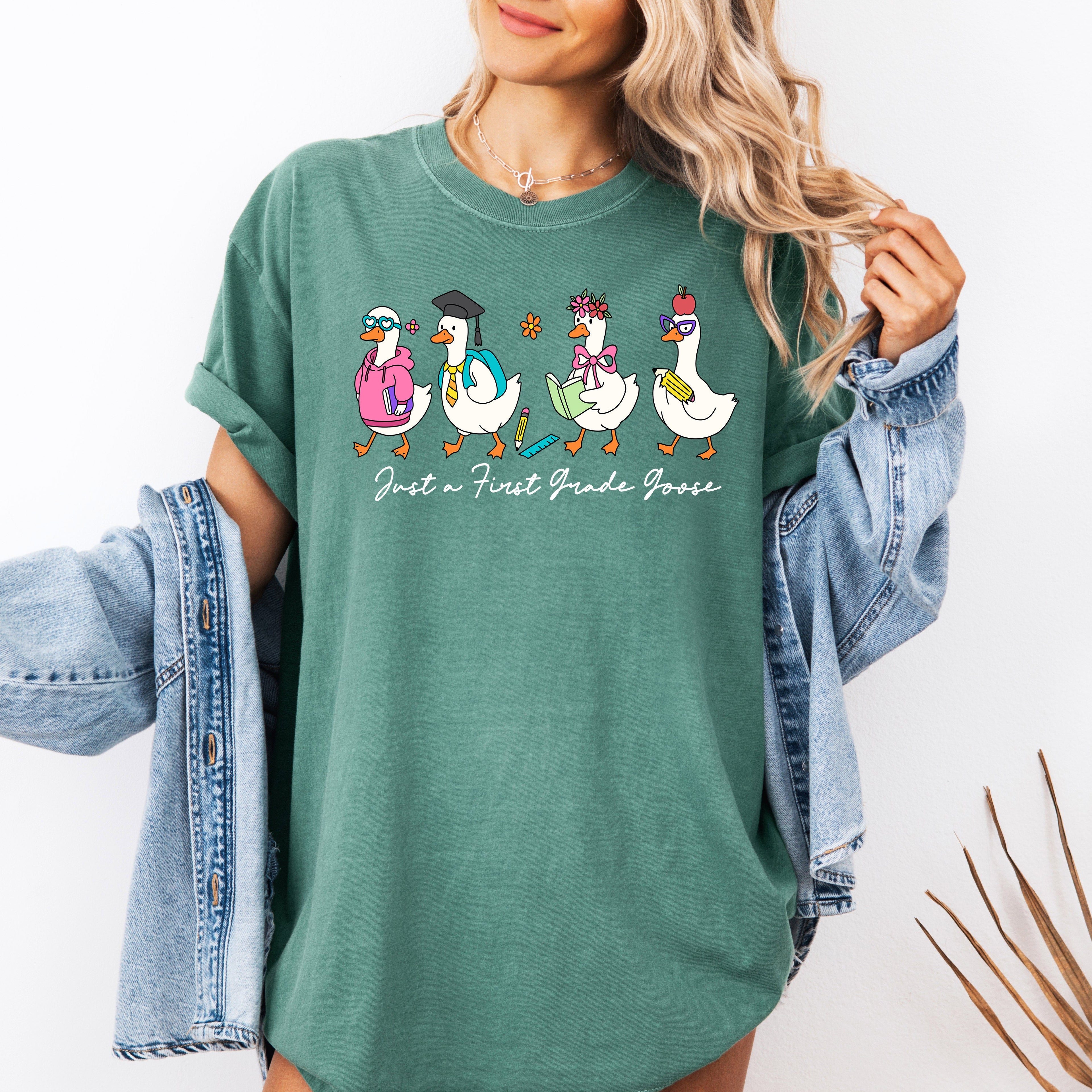 Just A First Grade Goose Teacher Back To School Bow First Day Teacher Appreciation Comfort Colors Tee
