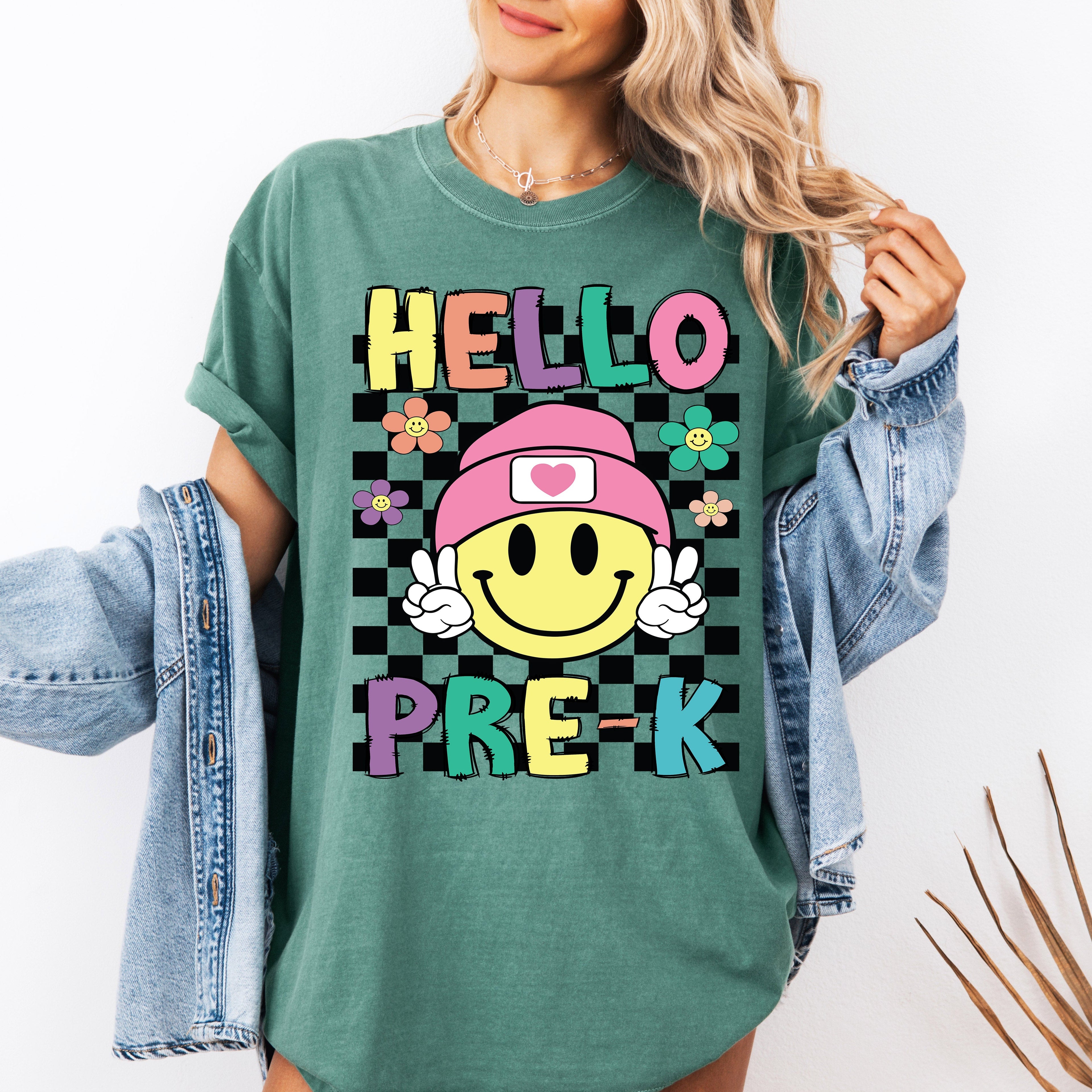Hello Pre-K Smiley Face Teacher Back To School First Day Celebration Comfort Colors Tee