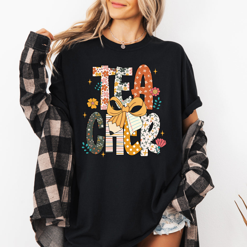 Teacher Retro Bow Coquette Back to School First Day of School Boho Comfort Colors Tee