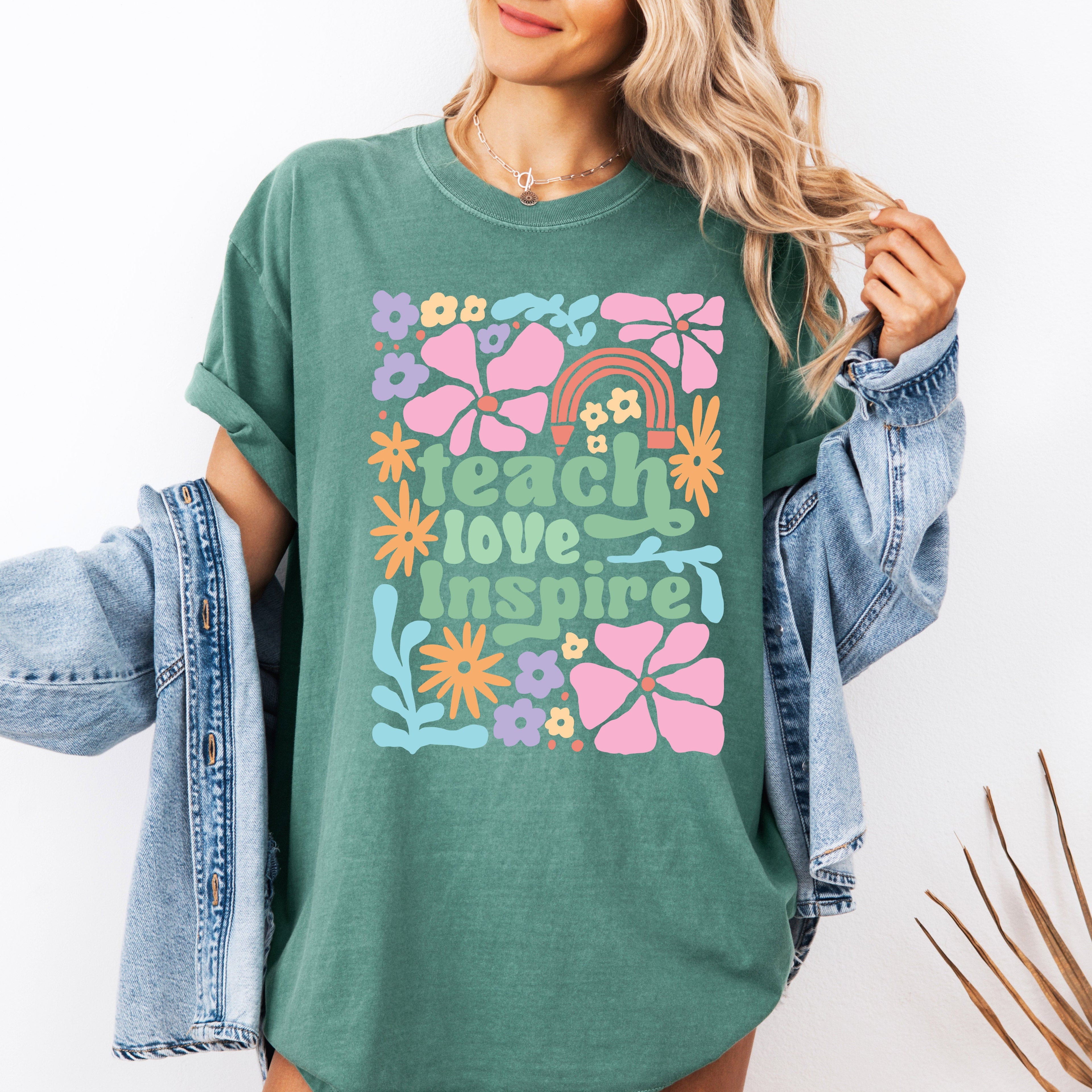 Teach Love Inspire Boho Floral Teacher Appreciation Motivational Educational Quote Comfort Colors Tee