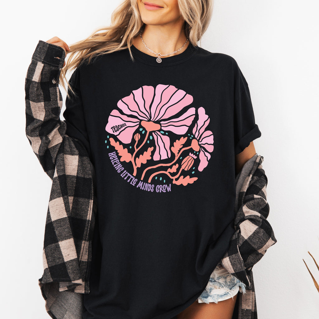 Helping Little Minds Boho Floral Back To School First Day Teacher Appreciation Comfort Colors Tee
