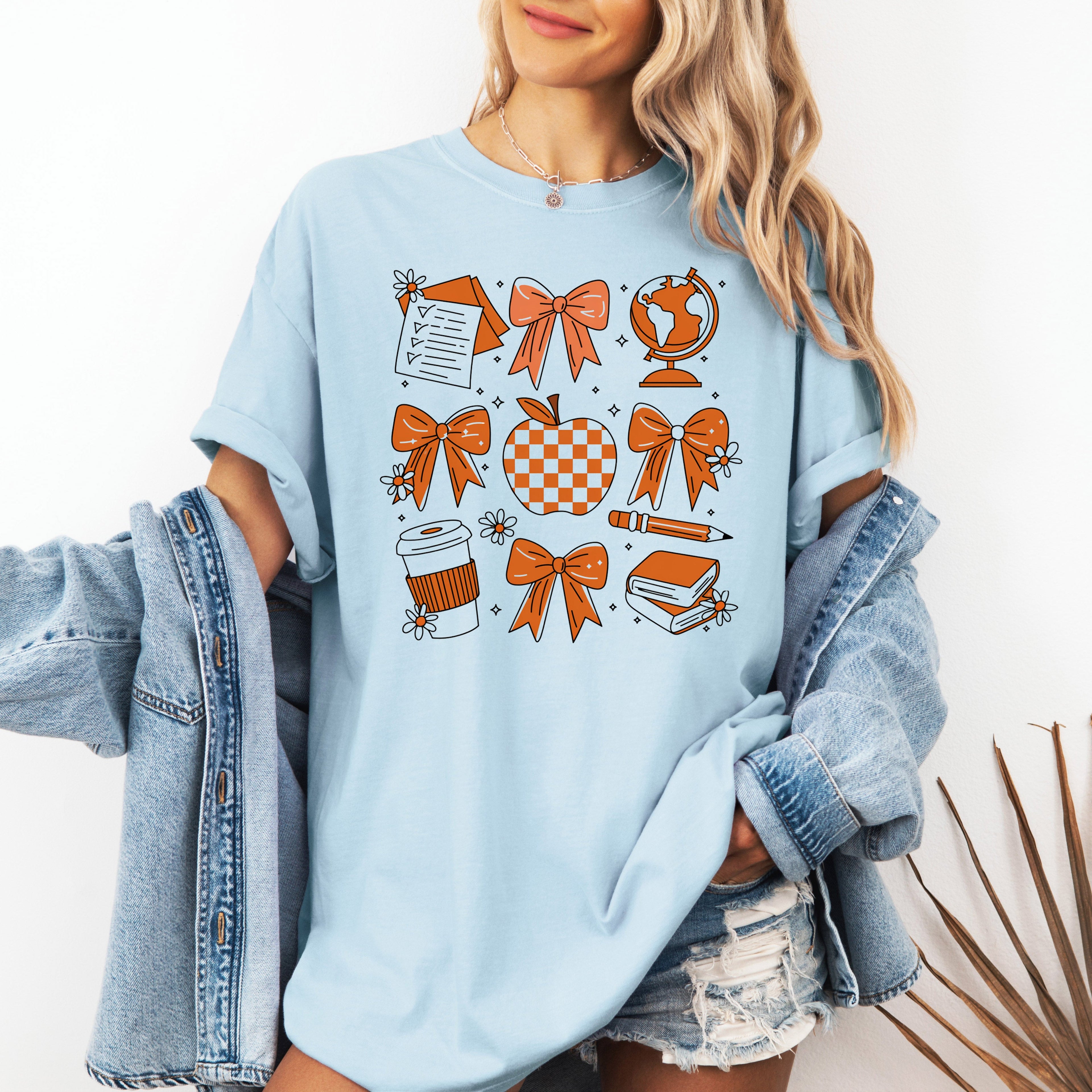 Back To School Bow Teacher Icons Coffee First Day Of School Coquette Comfort Colors Tee