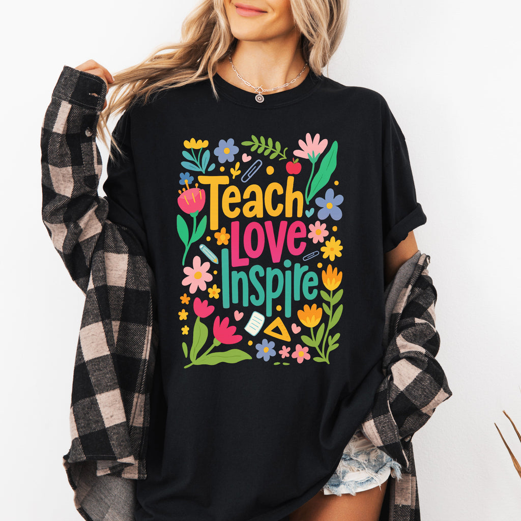 Teach Love Inspire Floral Boho Retro First Day of School Teacher Appreciation Coquette Comfort Colors Tee