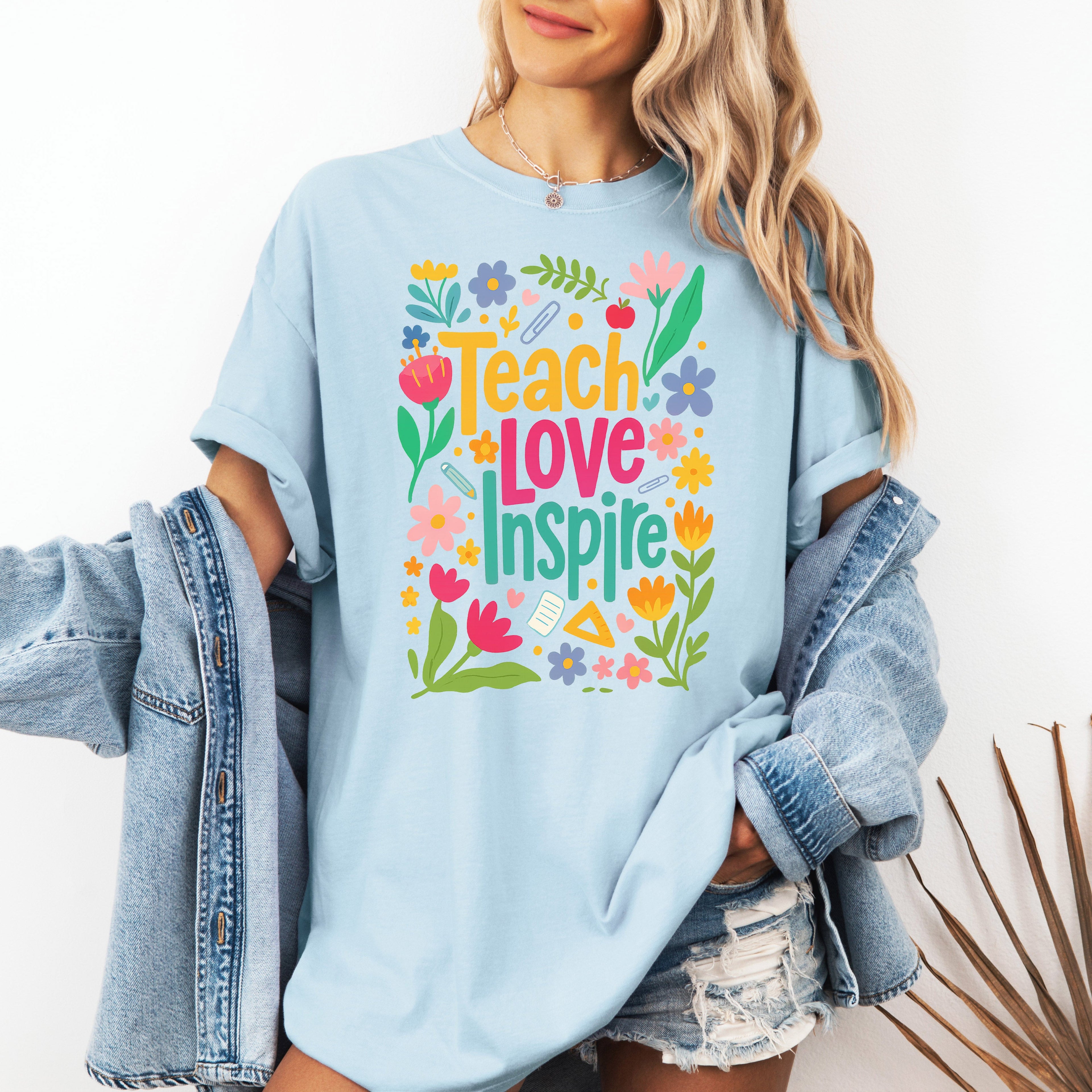 Teach Love Inspire Floral Boho Retro First Day of School Teacher Appreciation Coquette Comfort Colors Tee
