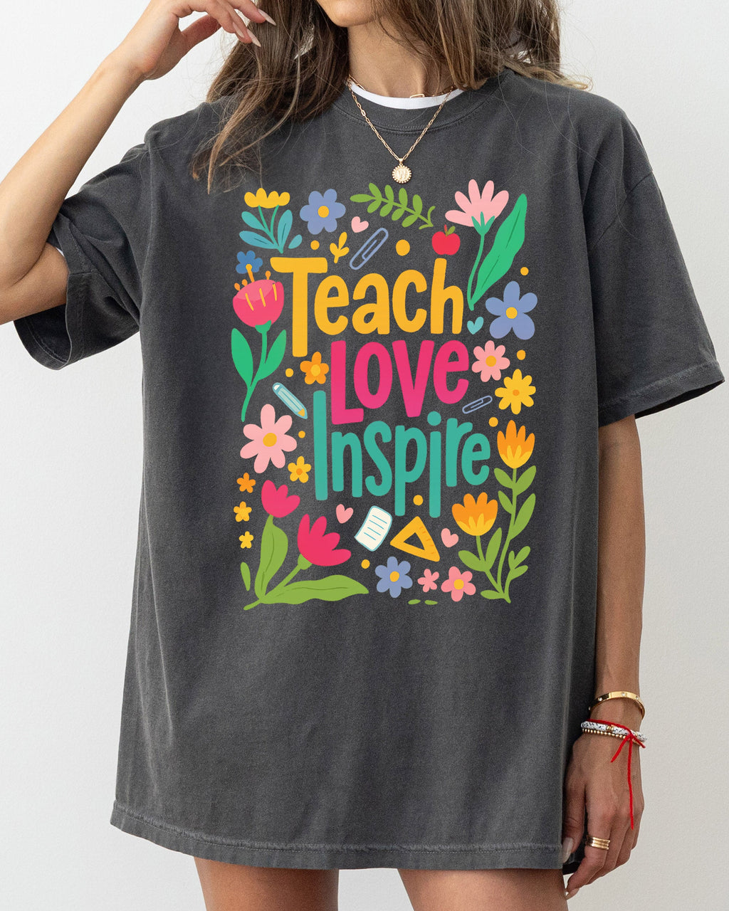 Teach Love Inspire Floral Boho Retro First Day of School Teacher Appreciation Coquette Comfort Colors Tee