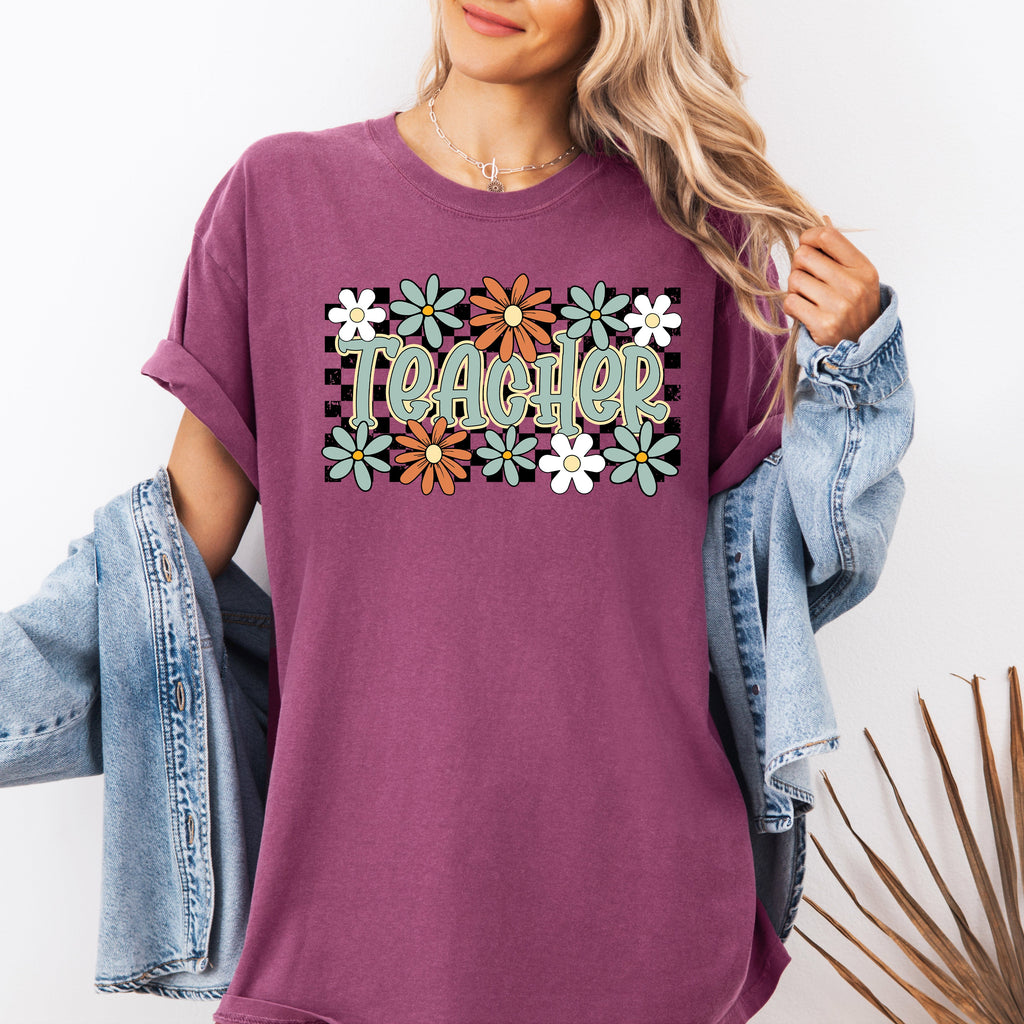 Teacher Checkered Floral Boho Retro First Day Of School Teacher Appreciation Coquette Comfort Colors Tee