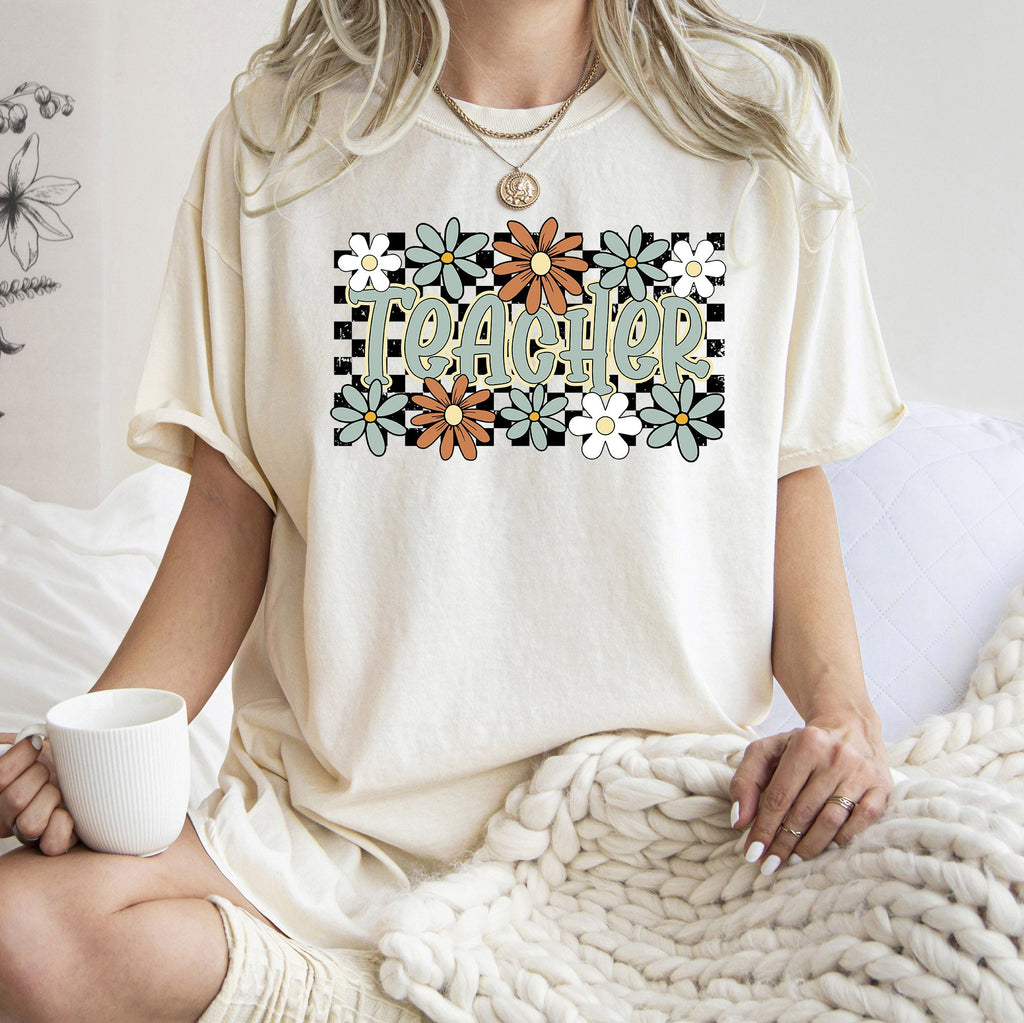 Teacher Checkered Floral Boho Retro First Day Of School Teacher Appreciation Coquette Comfort Colors Tee