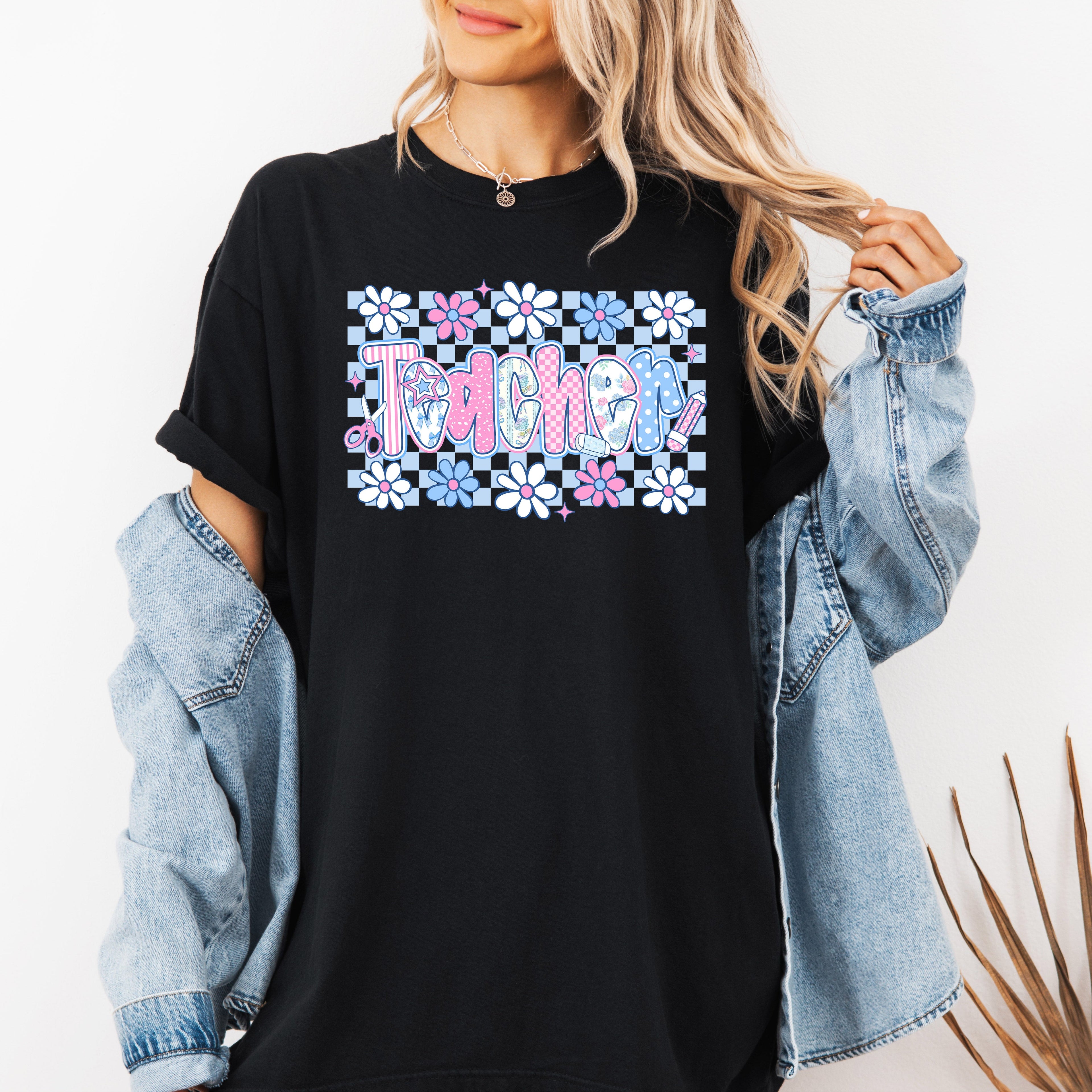 Floral Checkered Retro Bow First Day Back To School Teacher Appreciation Comfort Colors Tee