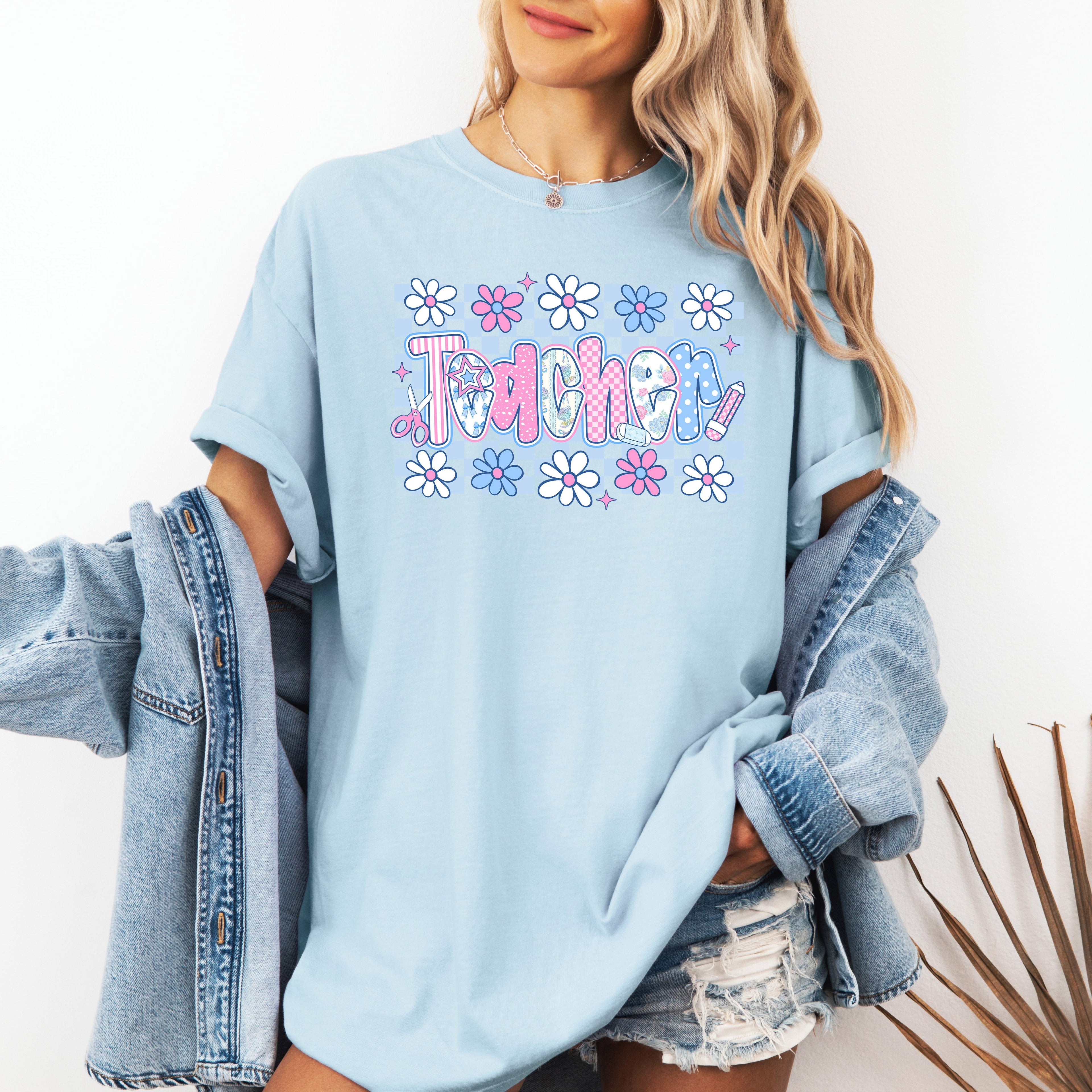 Floral Checkered Retro Bow First Day Back To School Teacher Appreciation Comfort Colors Tee