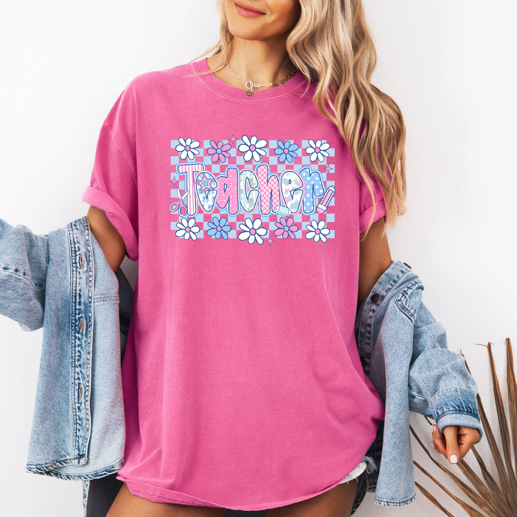 Floral Checkered Retro Bow First Day Back To School Teacher Appreciation Comfort Colors Tee