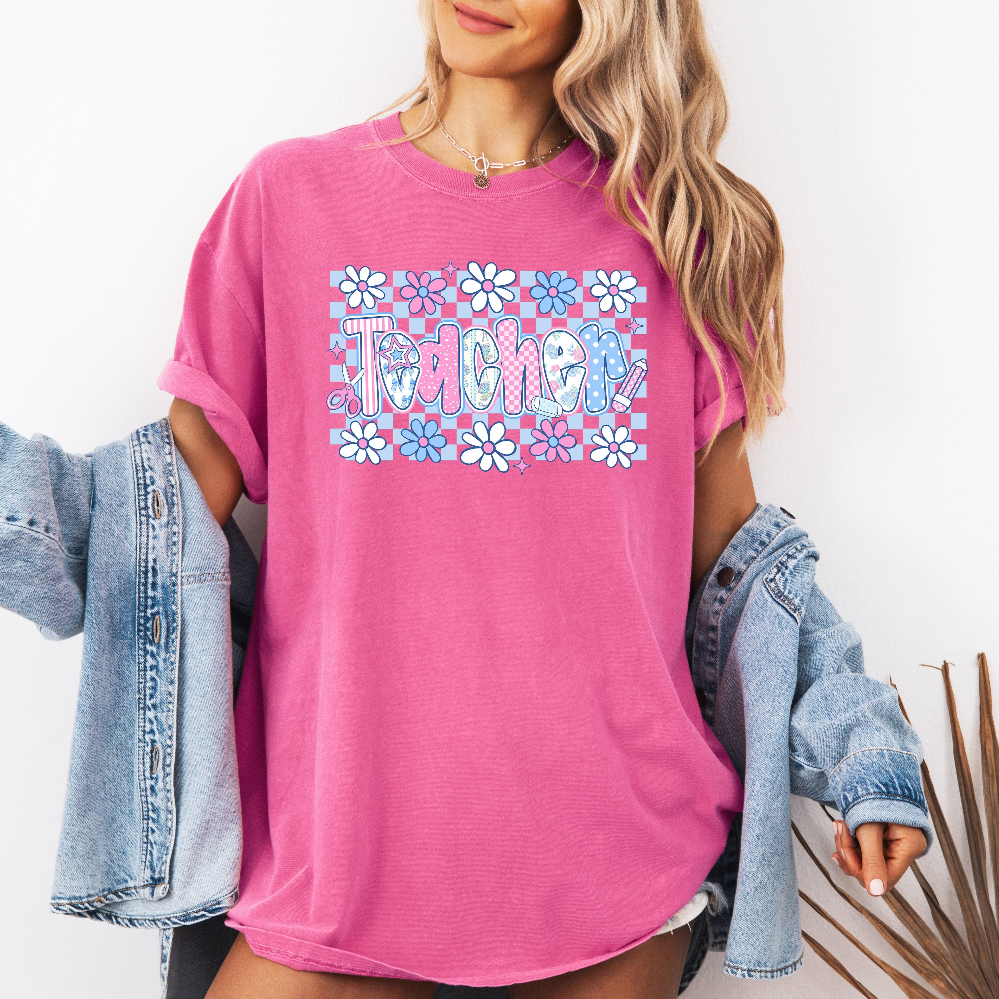 Floral Checkered Retro Bow First Day Back To School Teacher Appreciation Comfort Colors Tee