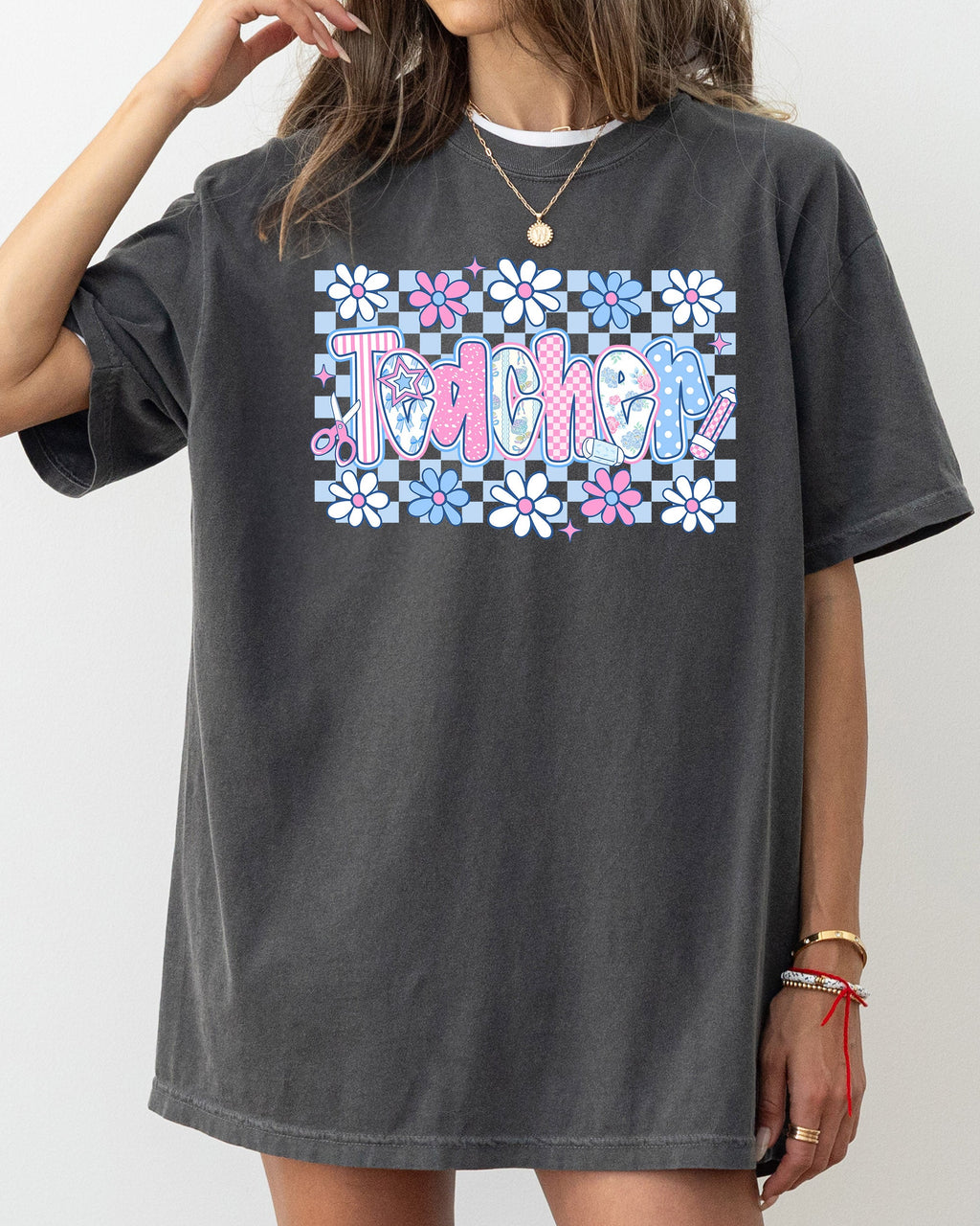 Floral Checkered Retro Bow First Day Back To School Teacher Appreciation Comfort Colors Tee