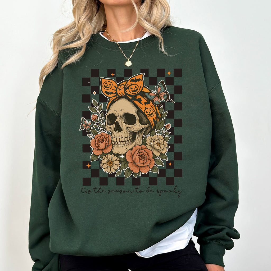 Tis The Season Skull Halloween Ghost Checkered Retro Vintage Spooky Graphic Sweatshirt