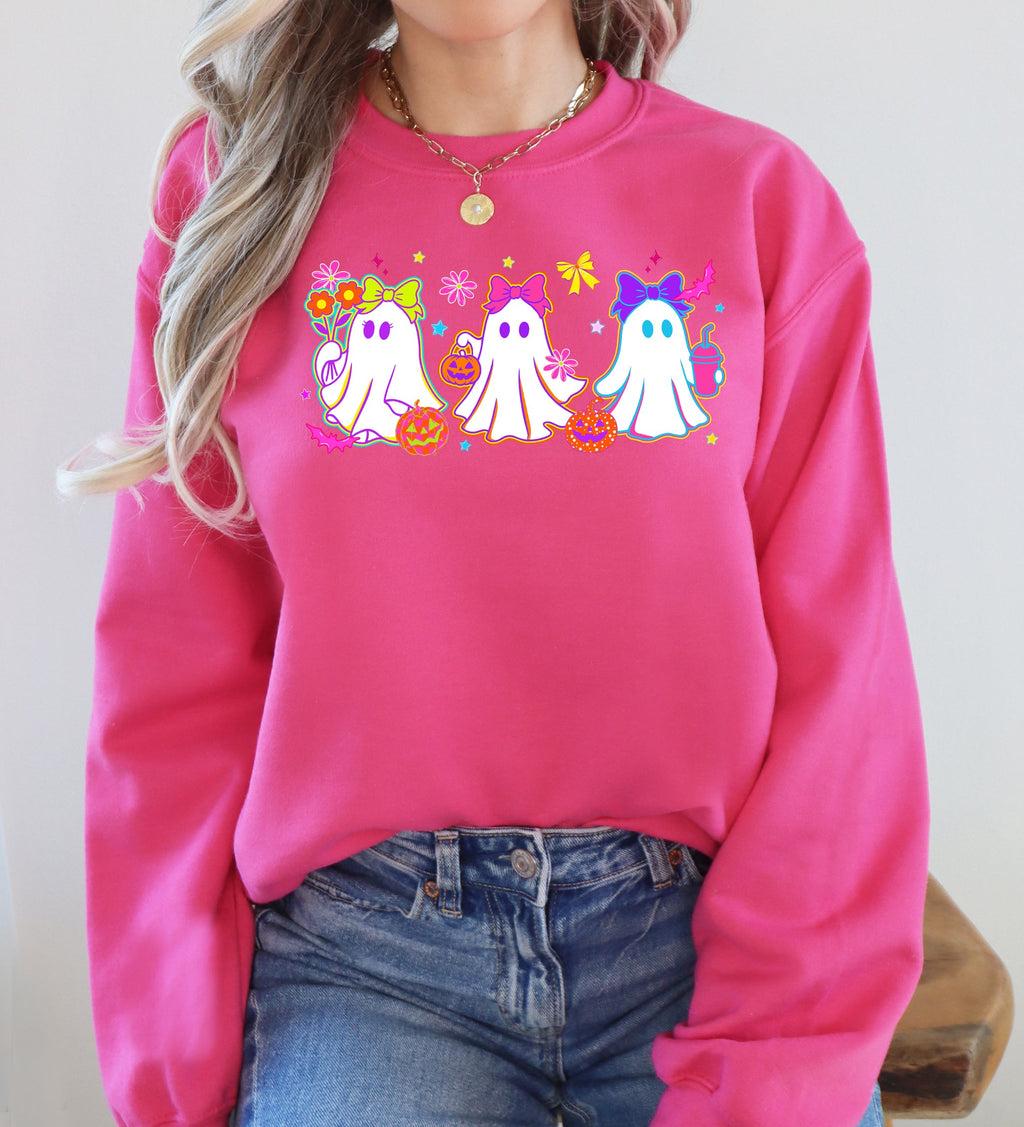 Neon Ghosts Halloween Checkered Retro Vintage Spooky Costume Fall Graphic Sweatshirt