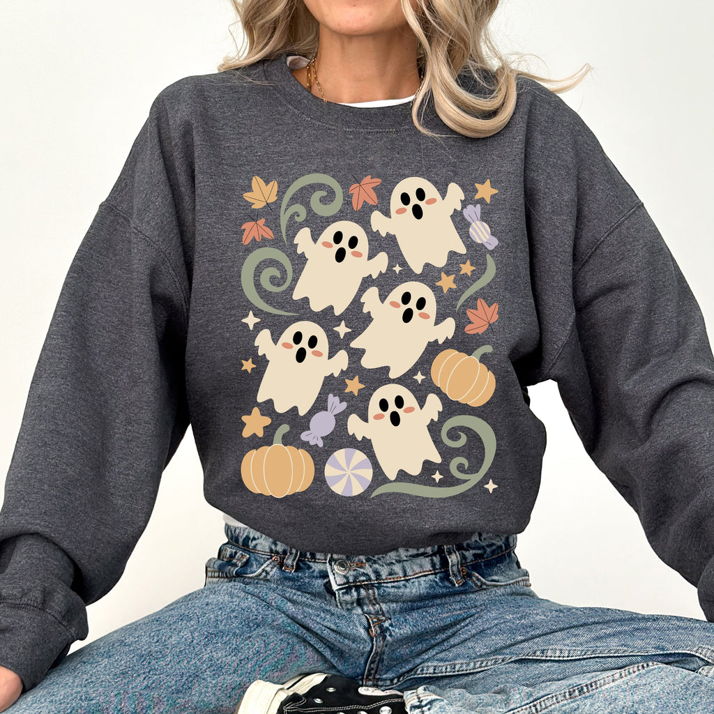 Vintage Ghosts Floral Halloween Retro Spooky Neon Patchwork Nightfall Graphic Sweatshirt