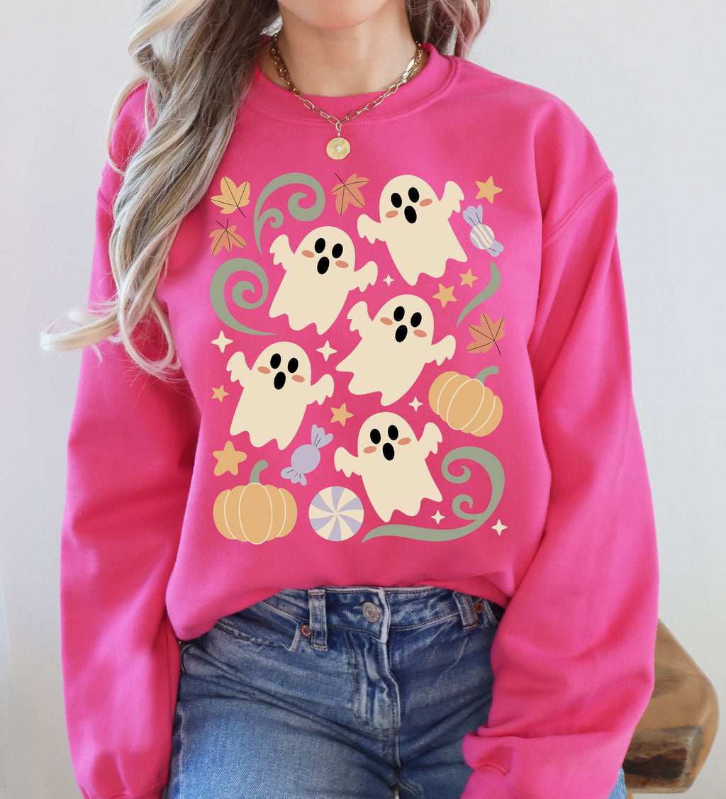 Vintage Ghosts Floral Halloween Retro Spooky Neon Patchwork Nightfall Graphic Sweatshirt