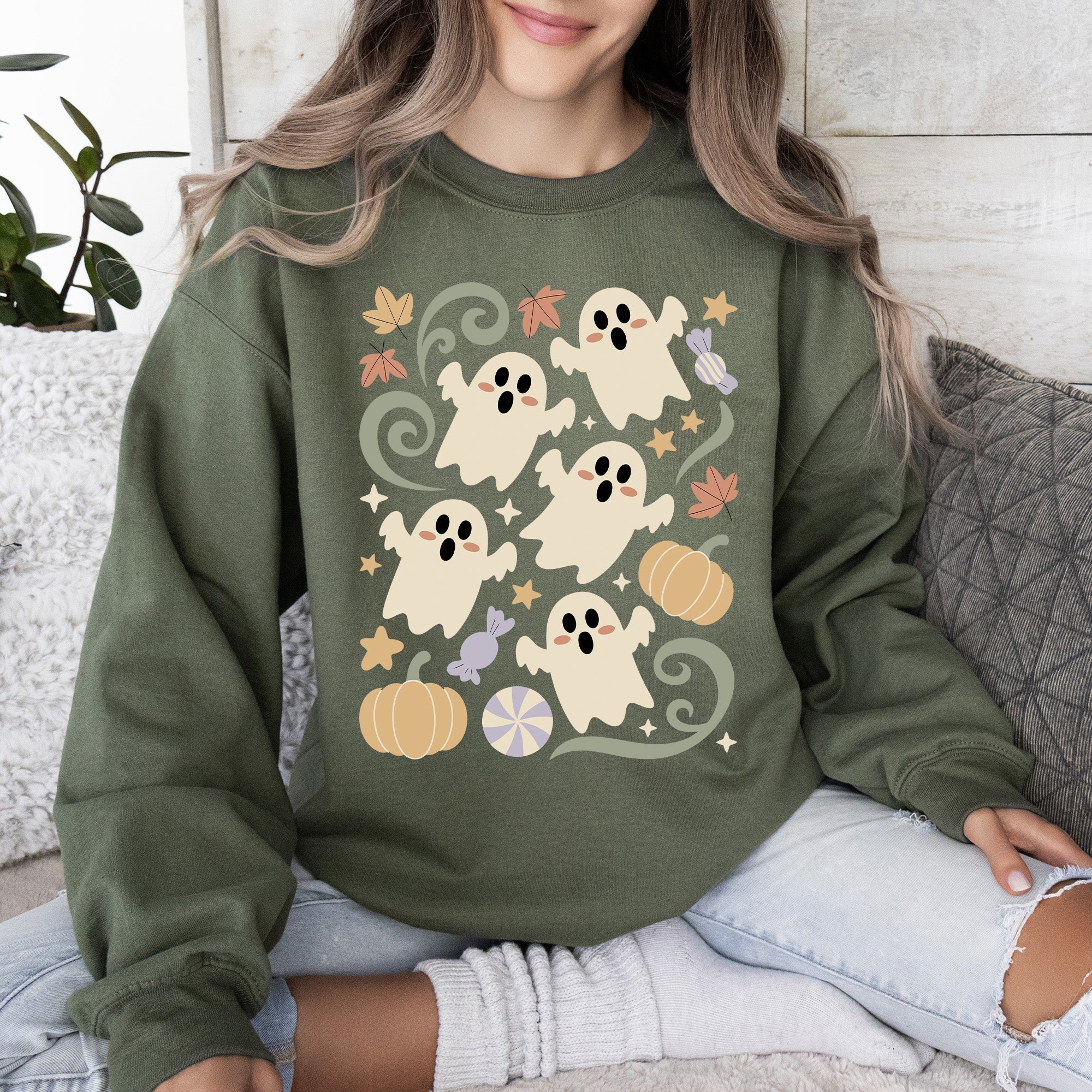 Vintage Ghosts Floral Halloween Retro Spooky Neon Patchwork Nightfall Graphic Sweatshirt