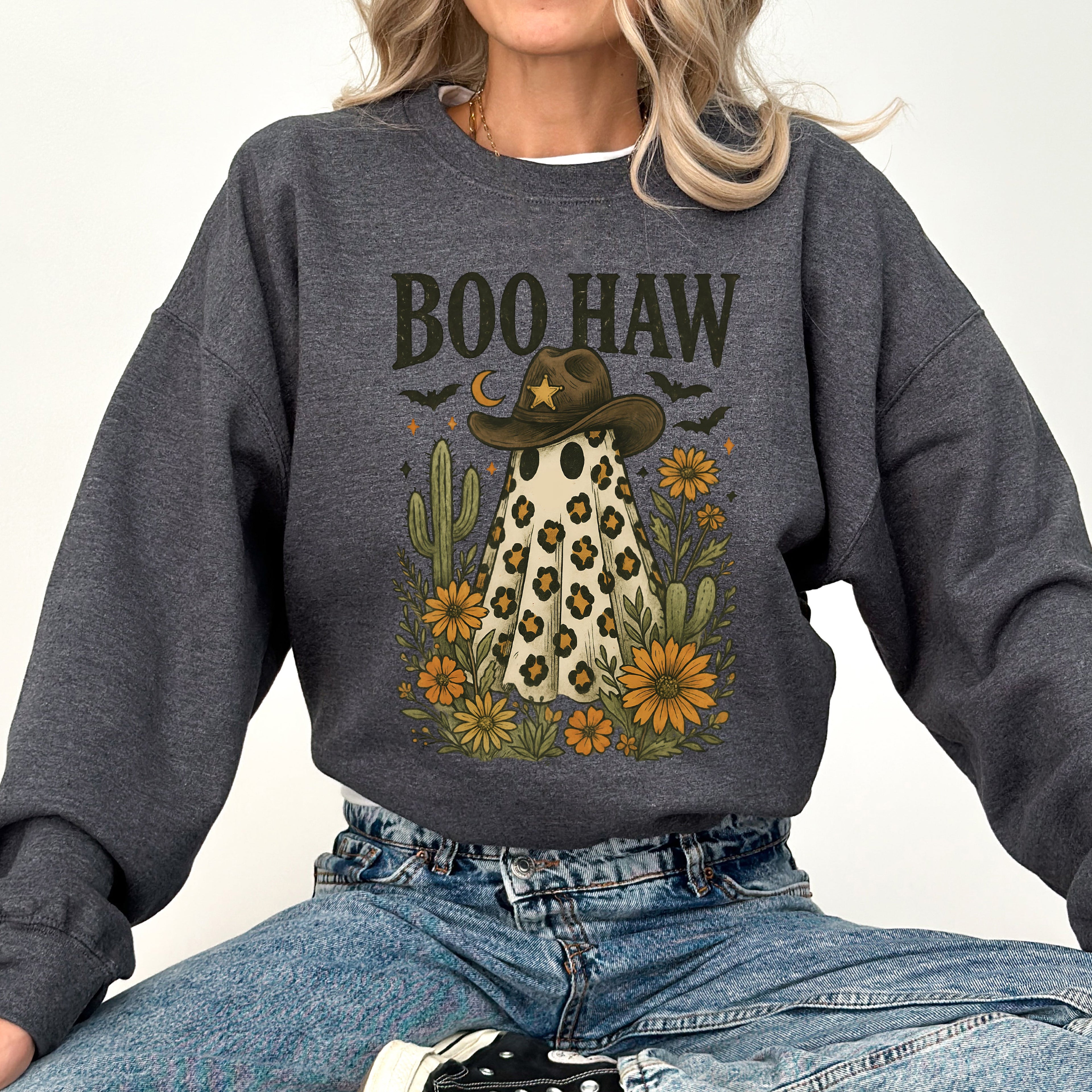 Boo Haw Cowboy Ghost Western Halloween Retro Vintage Spooky Costume Fall Graphic Sweatshirt