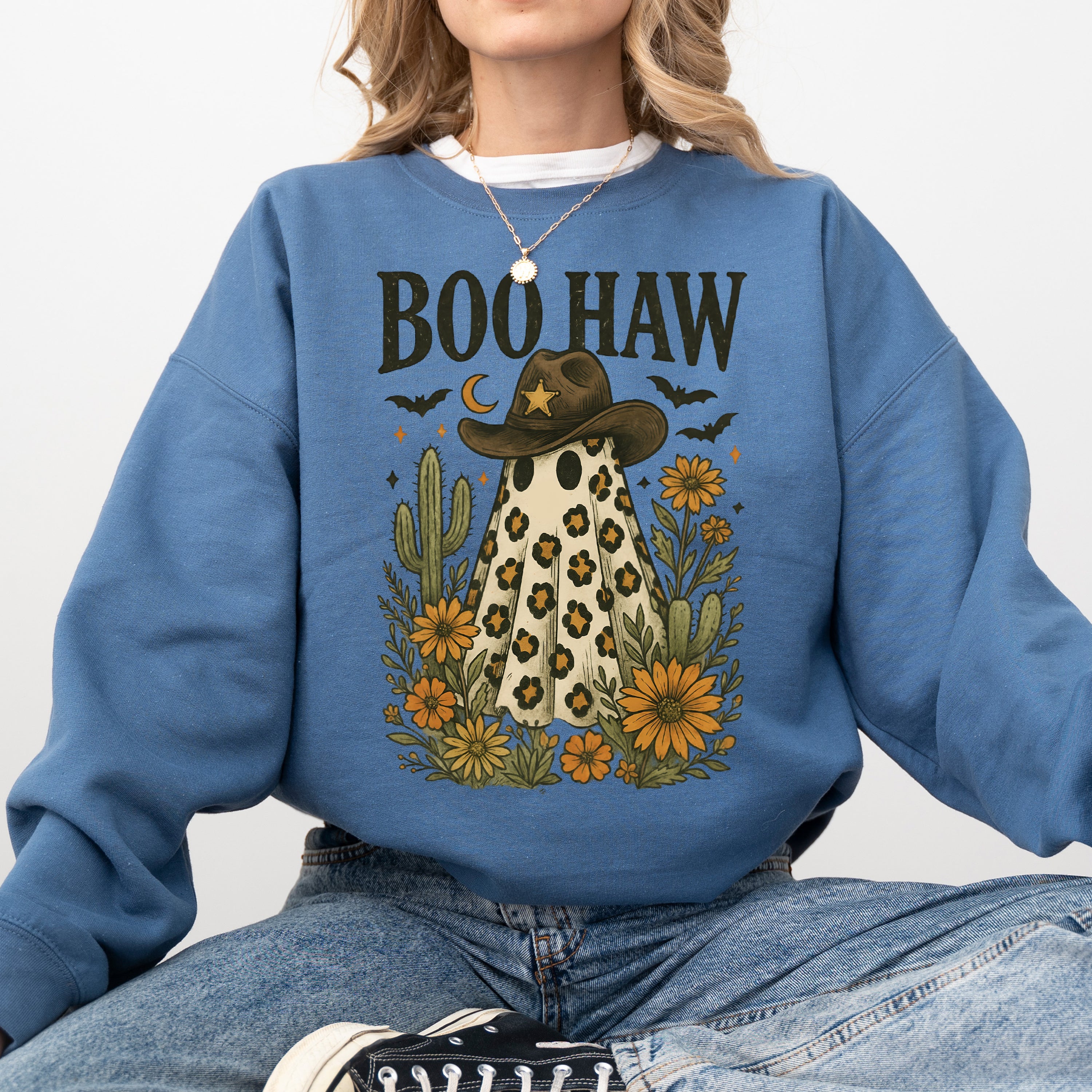Boo Haw Cowboy Ghost Western Halloween Retro Vintage Spooky Costume Fall Graphic Sweatshirt