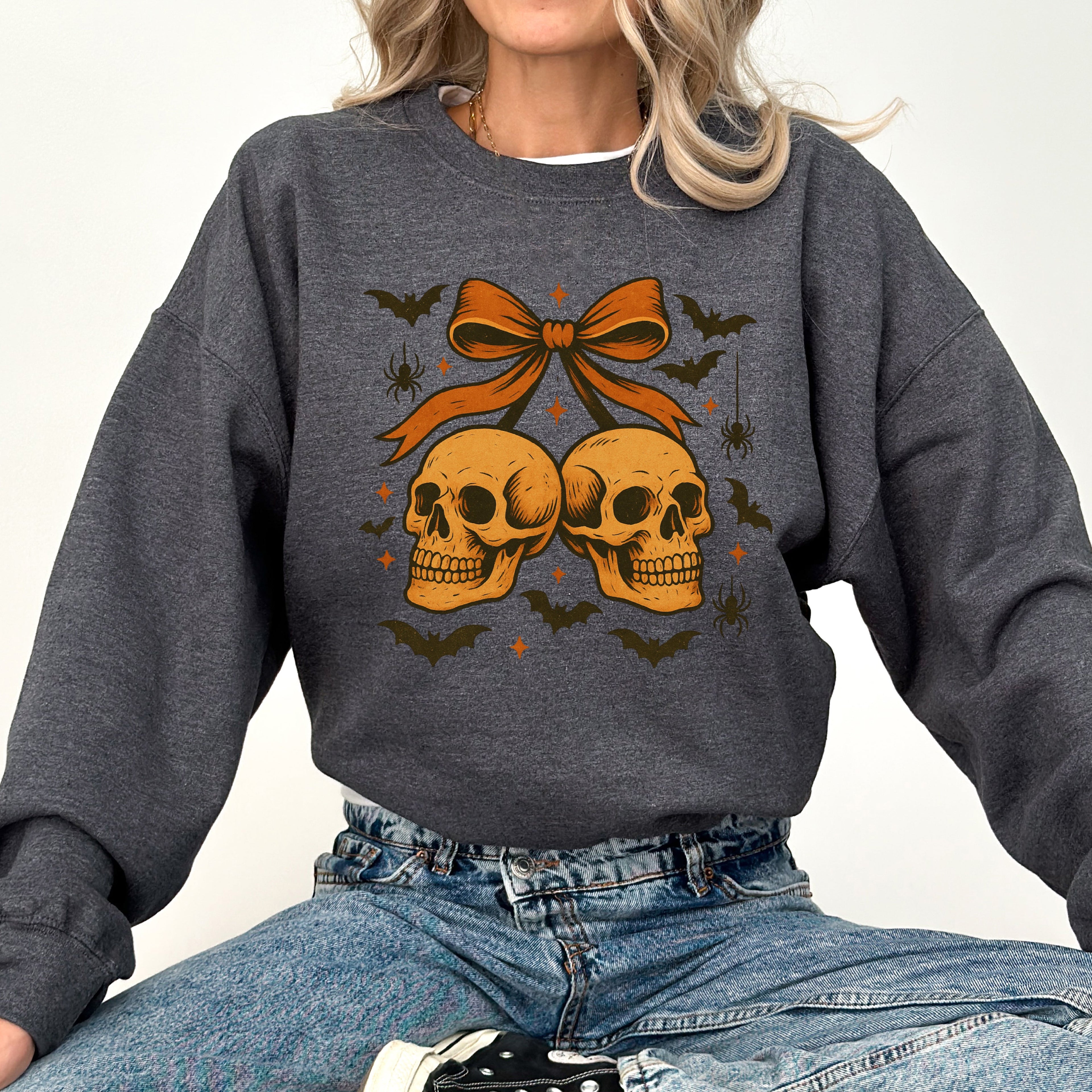 Skull Bow Coquette Bats Ghost Western Halloween Retro Vintage Spooky Graphic Sweatshirt