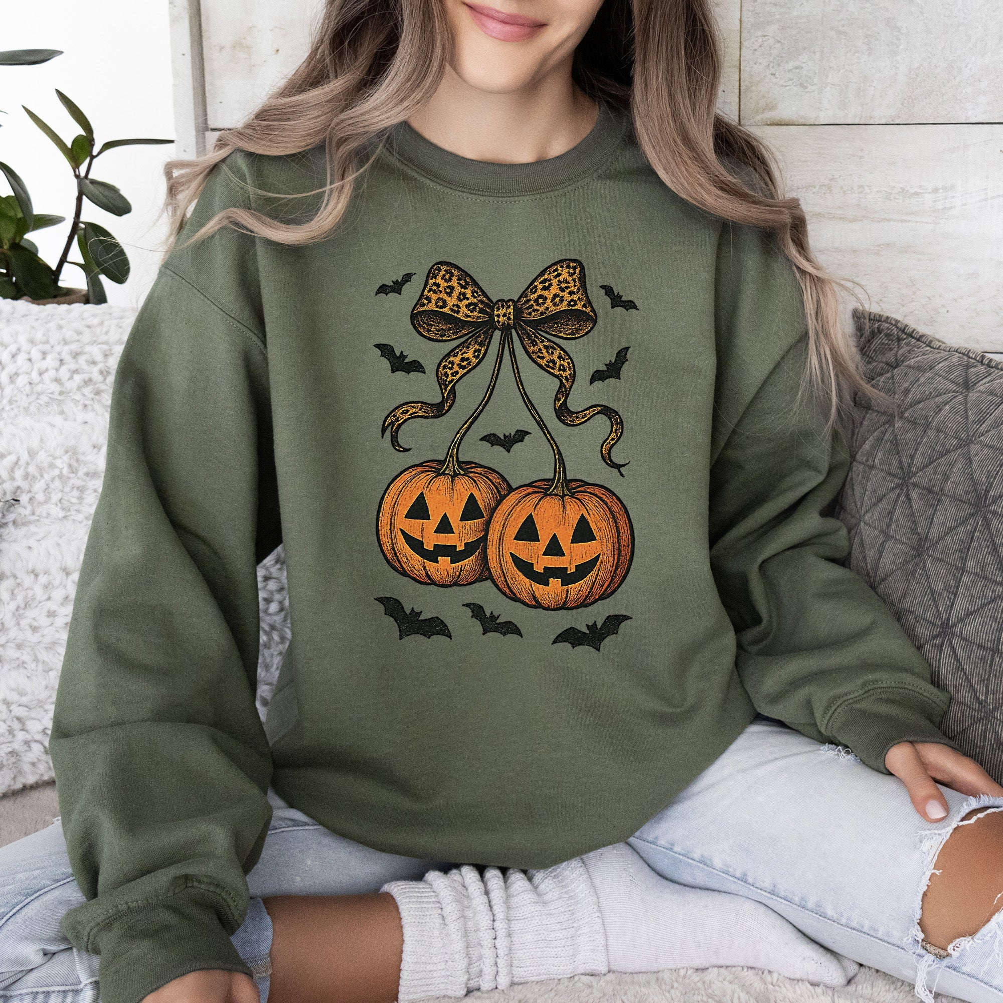 Pumpkin Coquette Bow Ghosts Halloween Retro Vintage Spooky Fall Graphic Sweatshirt