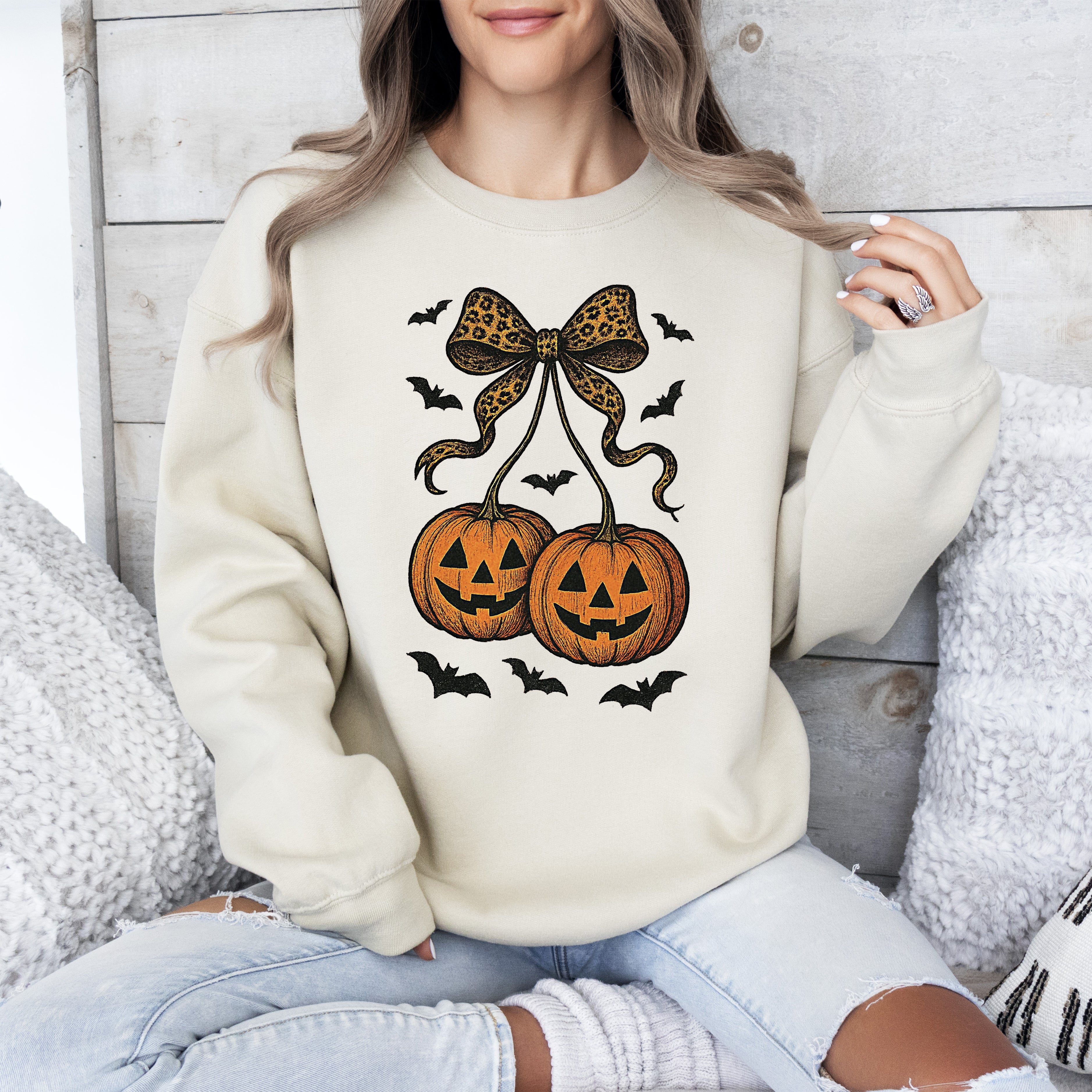 Pumpkin Coquette Bow Ghosts Halloween Retro Vintage Spooky Fall Graphic Sweatshirt