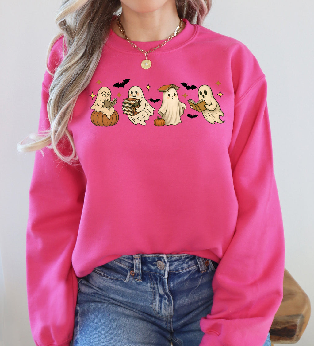 Reading Mini Ghosts Pink Neon Book Lover Halloween Retro Vintage Spooky Graphic Sweatshirt