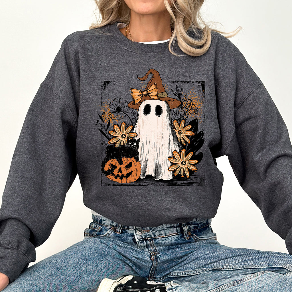 Pink Neon Ghost Witch Bow Pumpkin Floral Coquette Retro Halloween Graphic Sweatshirt