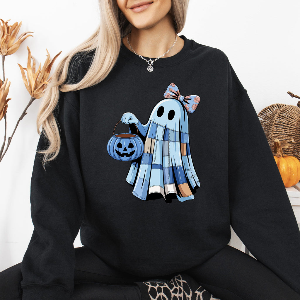 Blue Ghost Patchwork Trick Or Treat Witch Pumpkin Floral Retro Spooky Graphic Sweatshirt