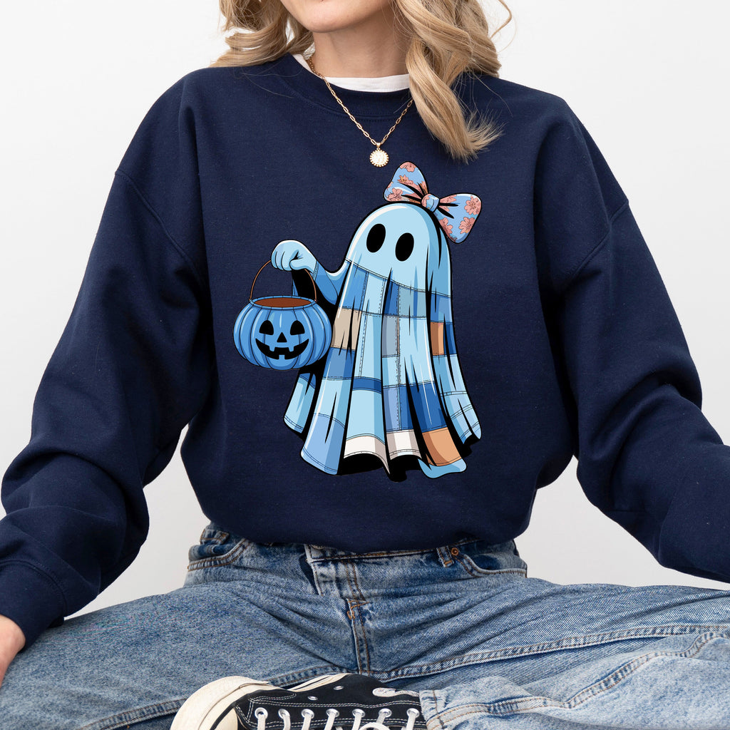 Blue Ghost Patchwork Trick Or Treat Witch Pumpkin Floral Retro Spooky Graphic Sweatshirt