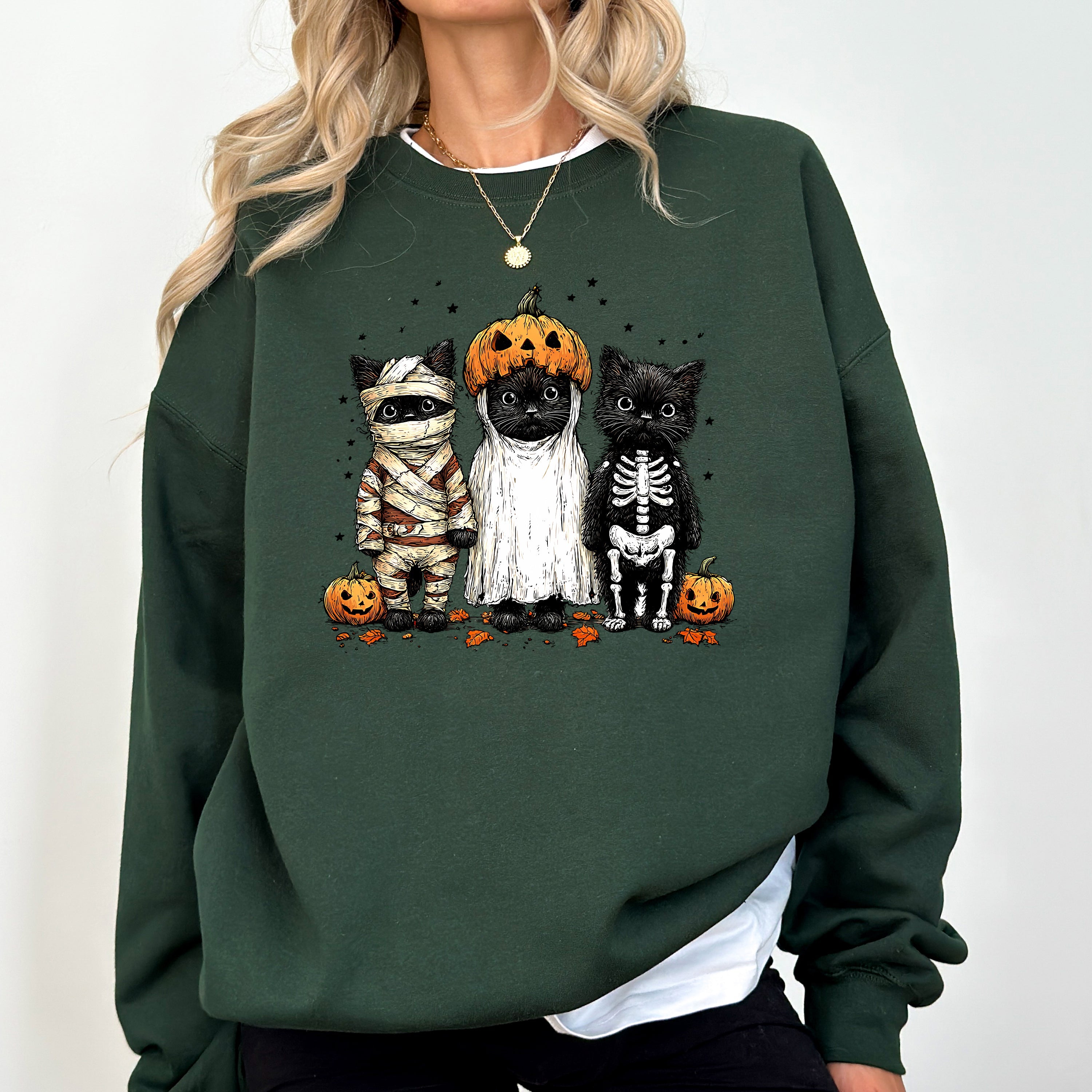 Funny Halloween Cats Retro Ghost Pumpkin Vintage Nostalgic Spooky Season Graphic Sweatshirt