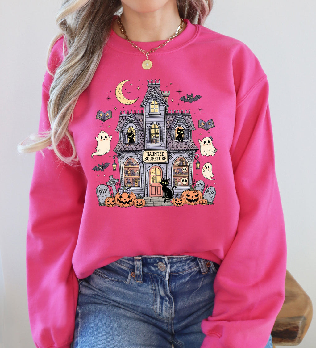 Haunted Book Store Ghost Halloween Vintage Pumpkin Retro Spooky Graphic Sweatshirt