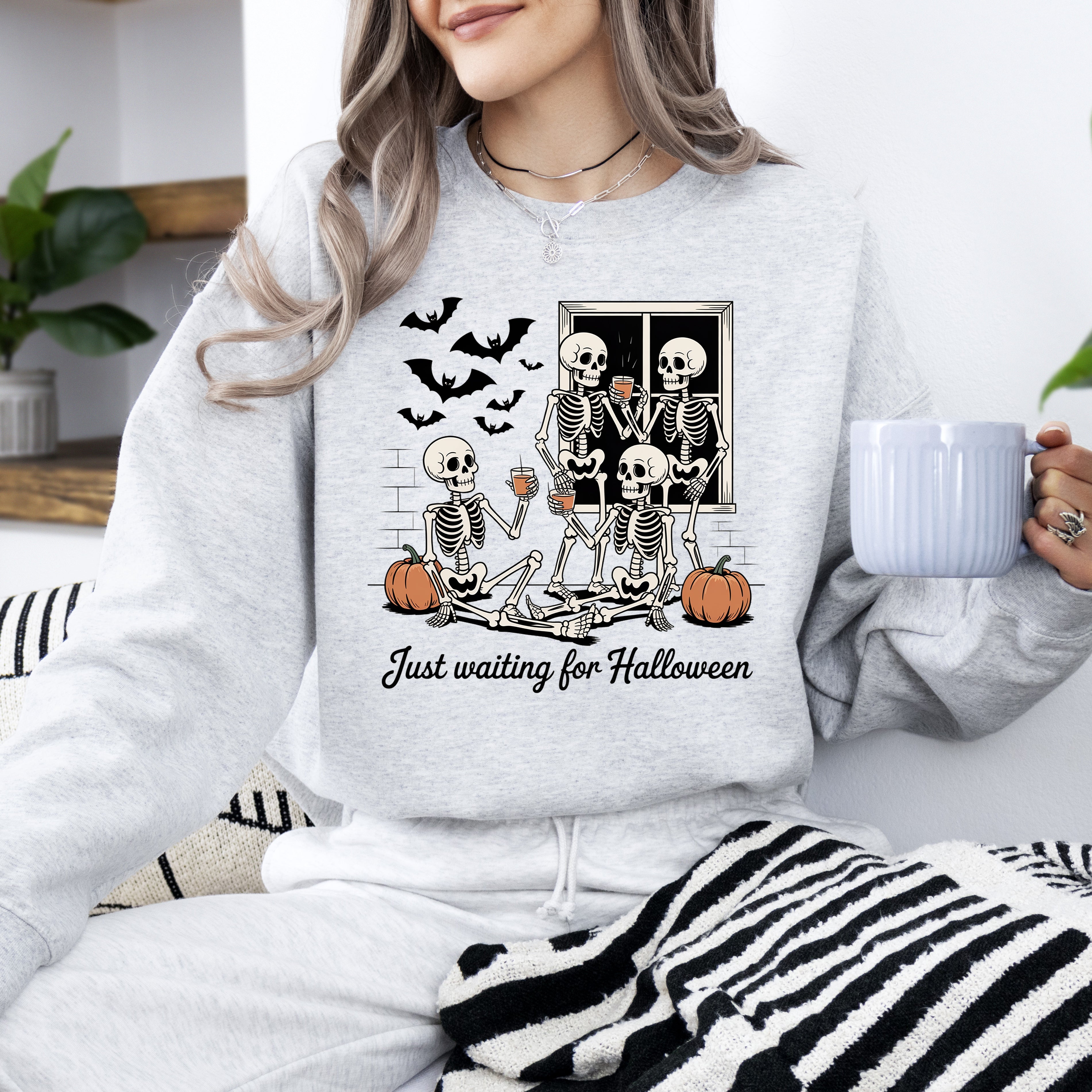 Just Waiting for Halloween Skeleton Ghost Vintage Retro Spooky Costume Fall Graphic Sweatshirt